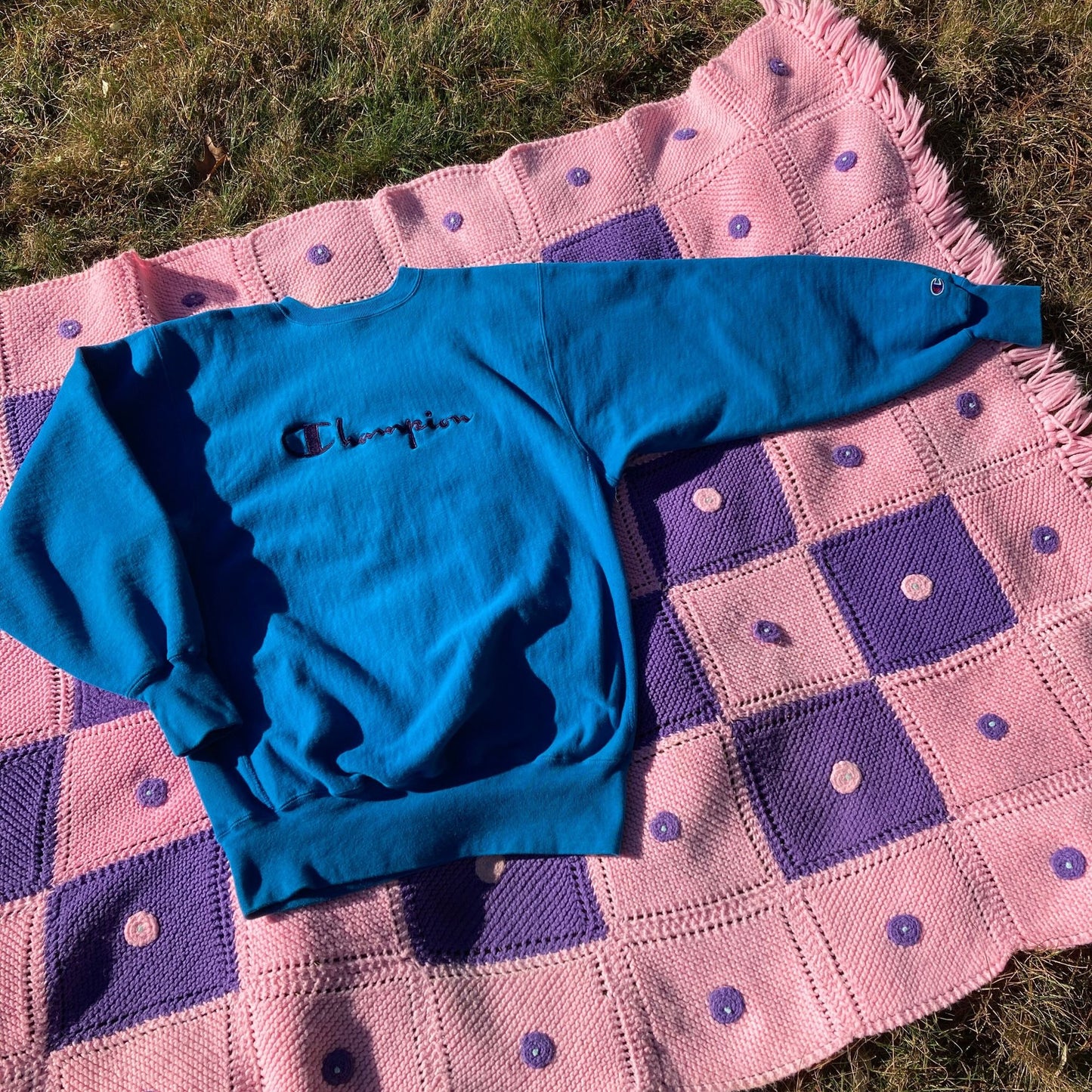 vintage sweatshirt champion 90s 1990s spellout script M-L teal embroidered reverse weave made in USA