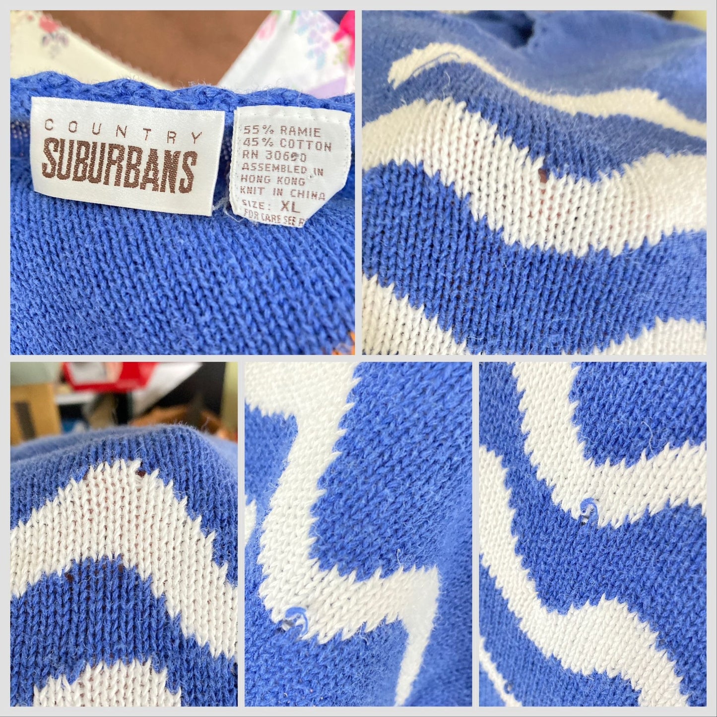 Vintage knit sweater 90s novelty fish print AS IS Country Suburbans blue white orange short sleeve