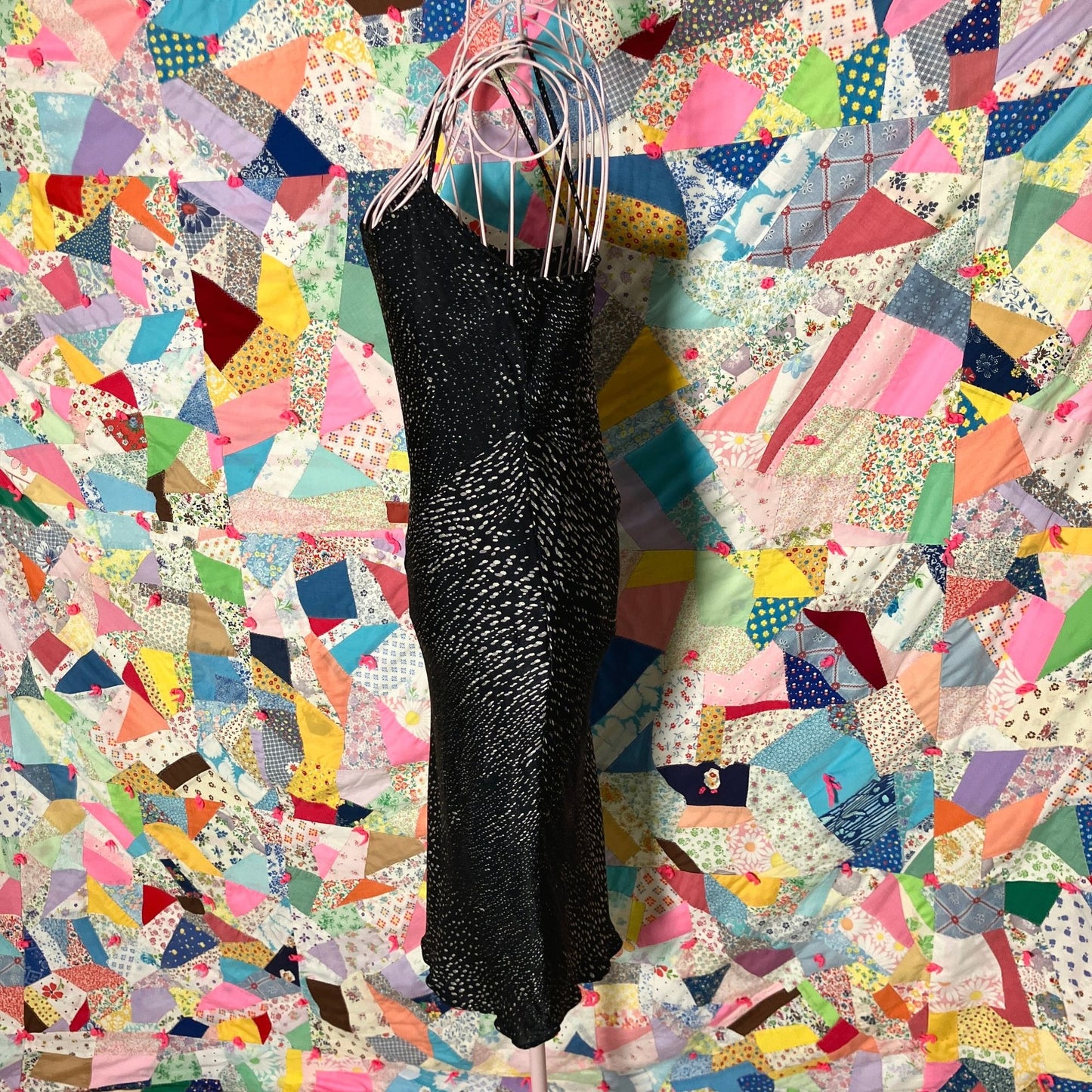 vintage 90s y2k slip dress 1990s black grey white dot abstract print formal party French Connection | XS | 25 in waist |