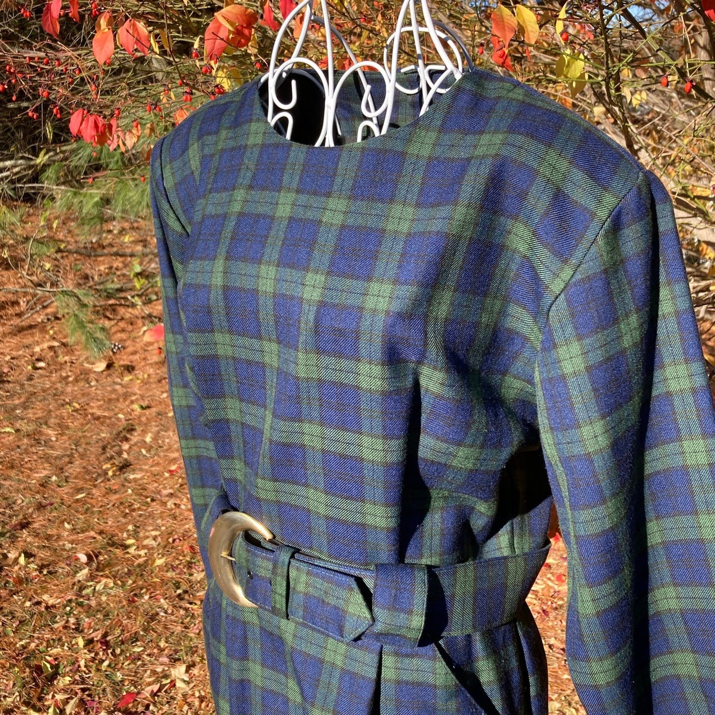 vintage plaid dress 80s | S-M | cottage blue green belted long sleeve career wear 1980s Clues Collections