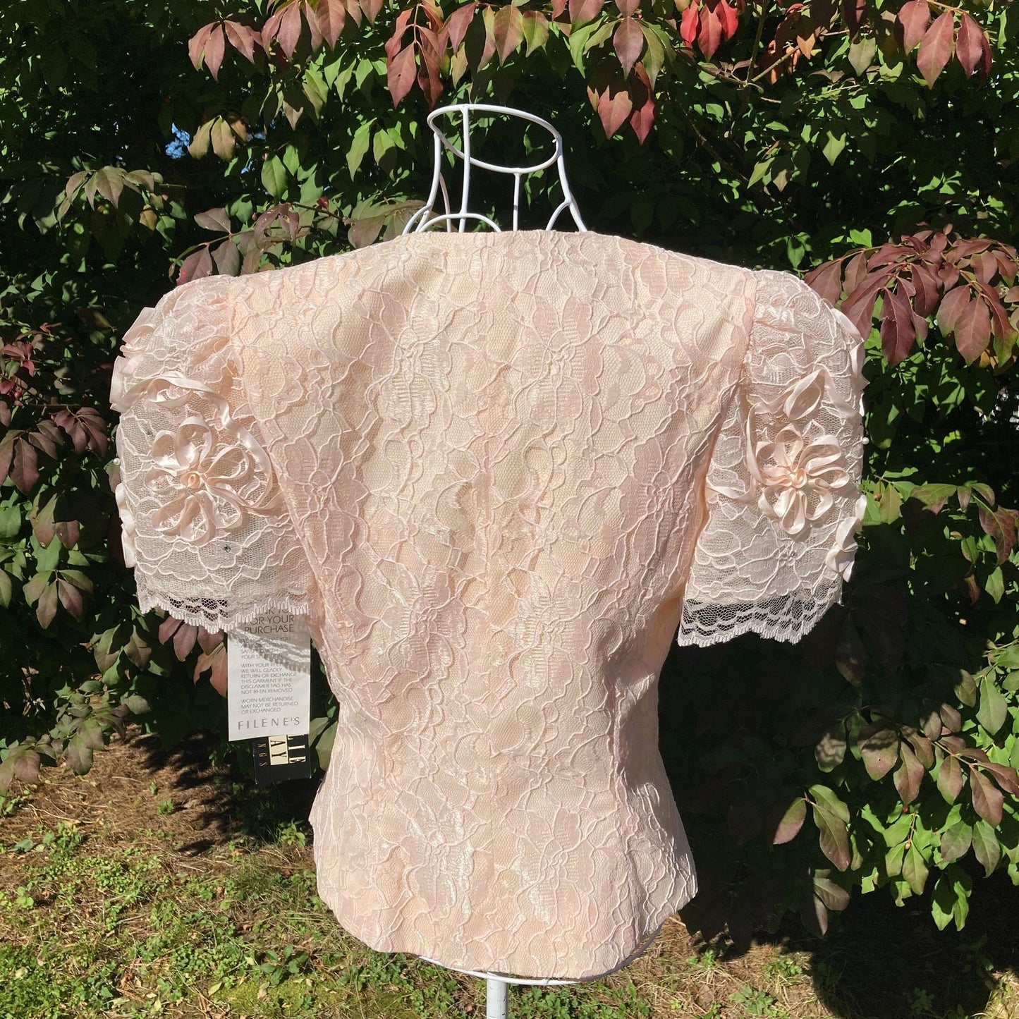 Vintage top |S - M| 80s lace embroidered rhinestones 1990s shirt blouse Leslie Fay deadstock nwt puff sleeve party occasion wear dusty rose
