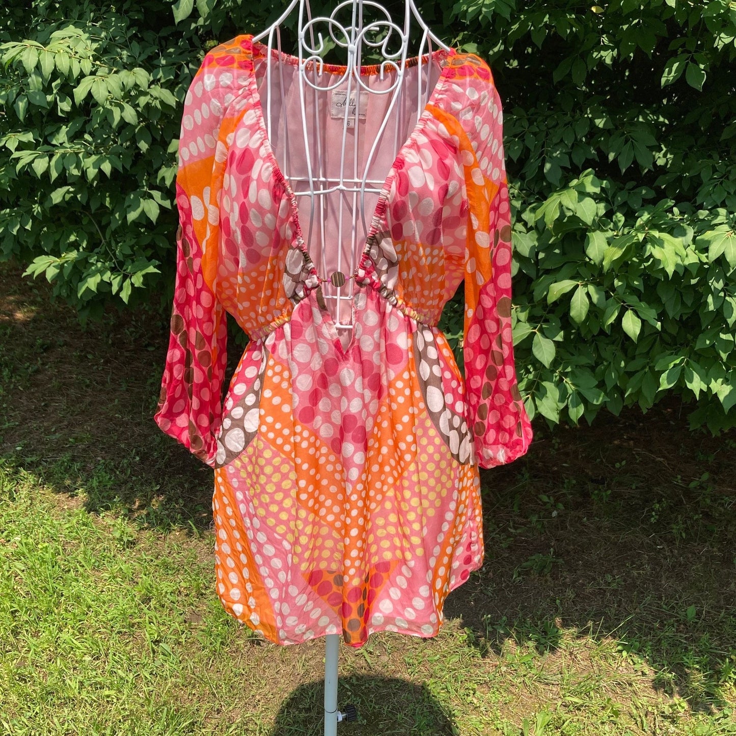 vintage Y2K blouse |S - M| sheer pink white orange Milly New York polka dot boho