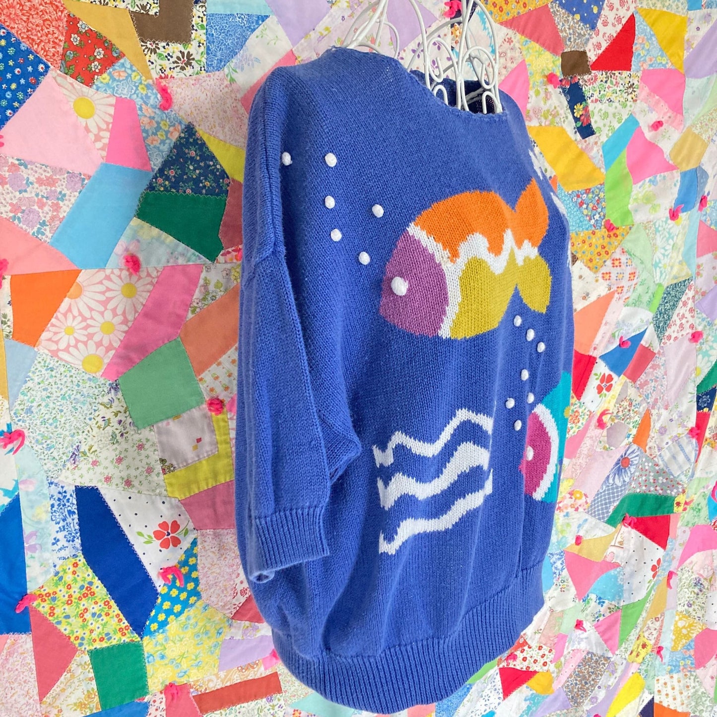 Vintage knit sweater 90s novelty fish print AS IS Country Suburbans blue white orange short sleeve