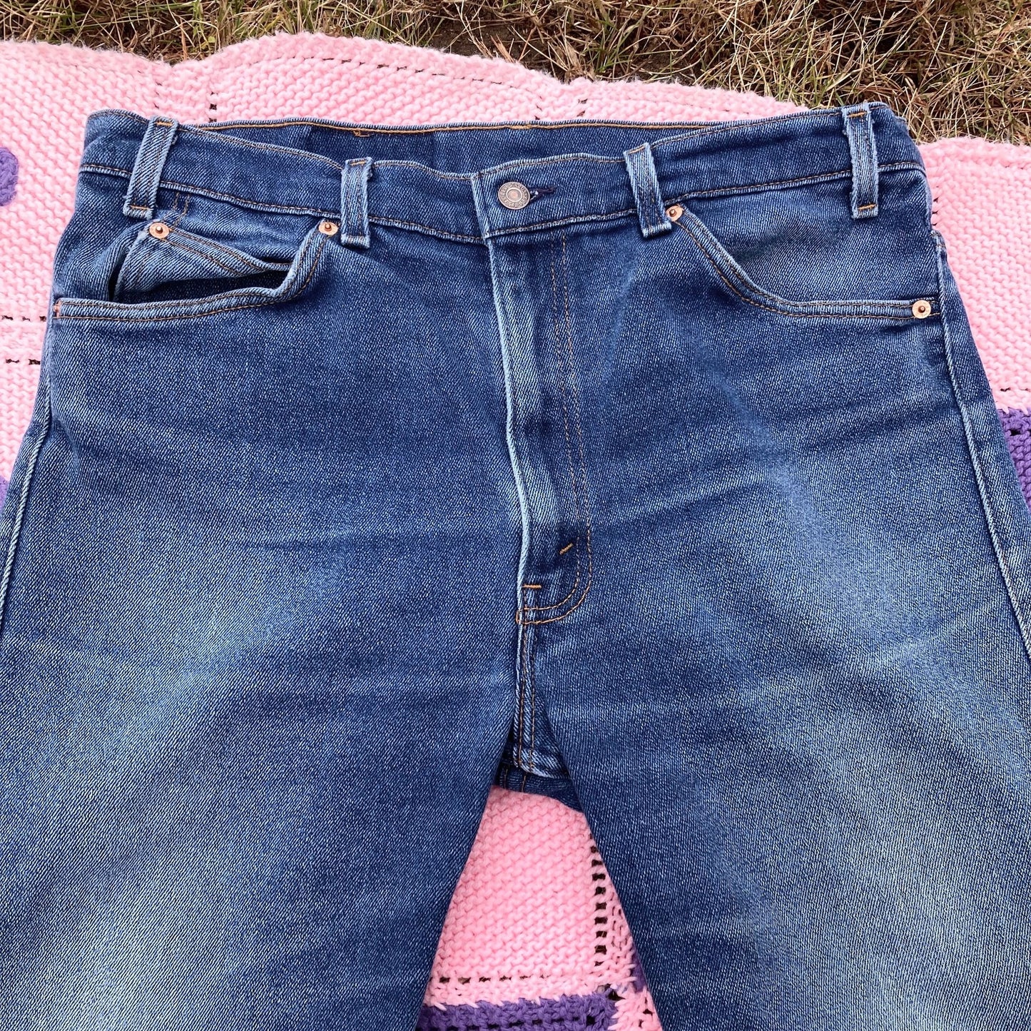 Vintage Levi’s 36”-37” actual waist jeans distressed tagged 38 x 30 denim jeans medium - dark wash maroon tab thrashed