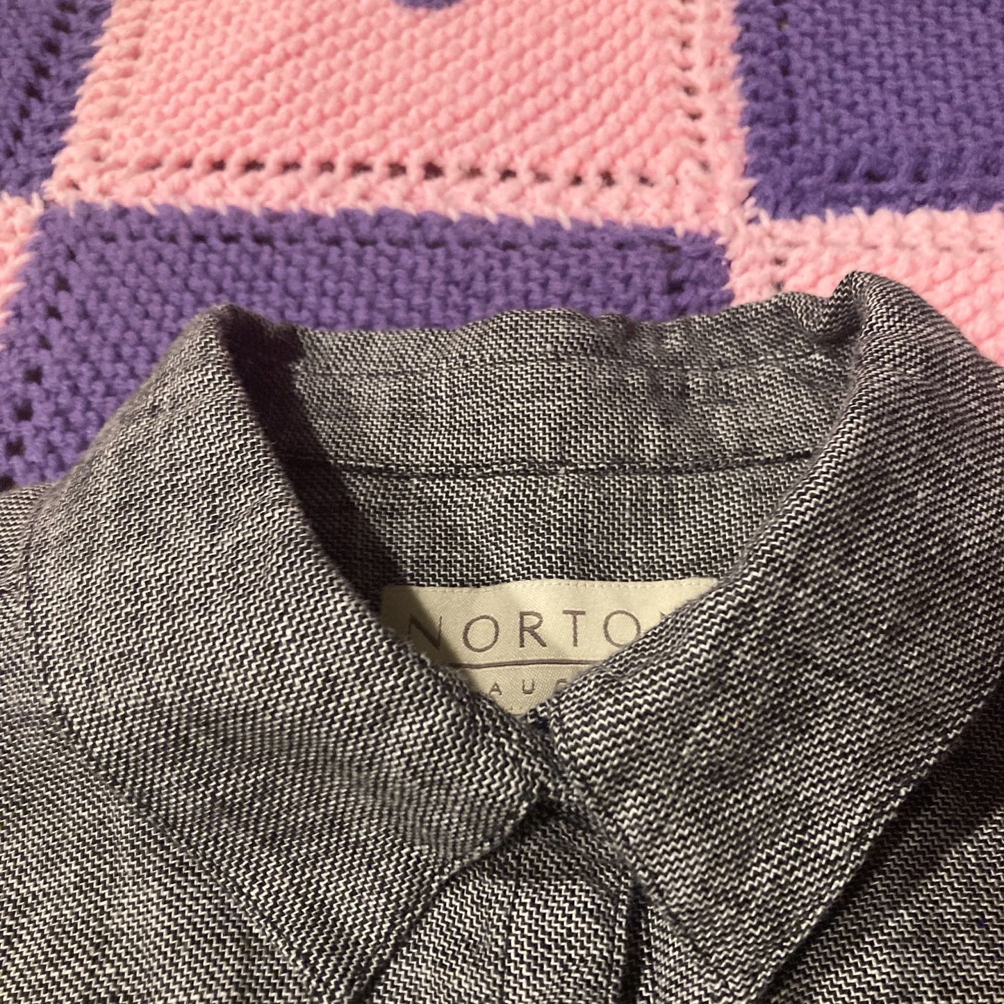 vintage y2k shirt button up band collar top linen black white gray | M - L | Norton McNaughton