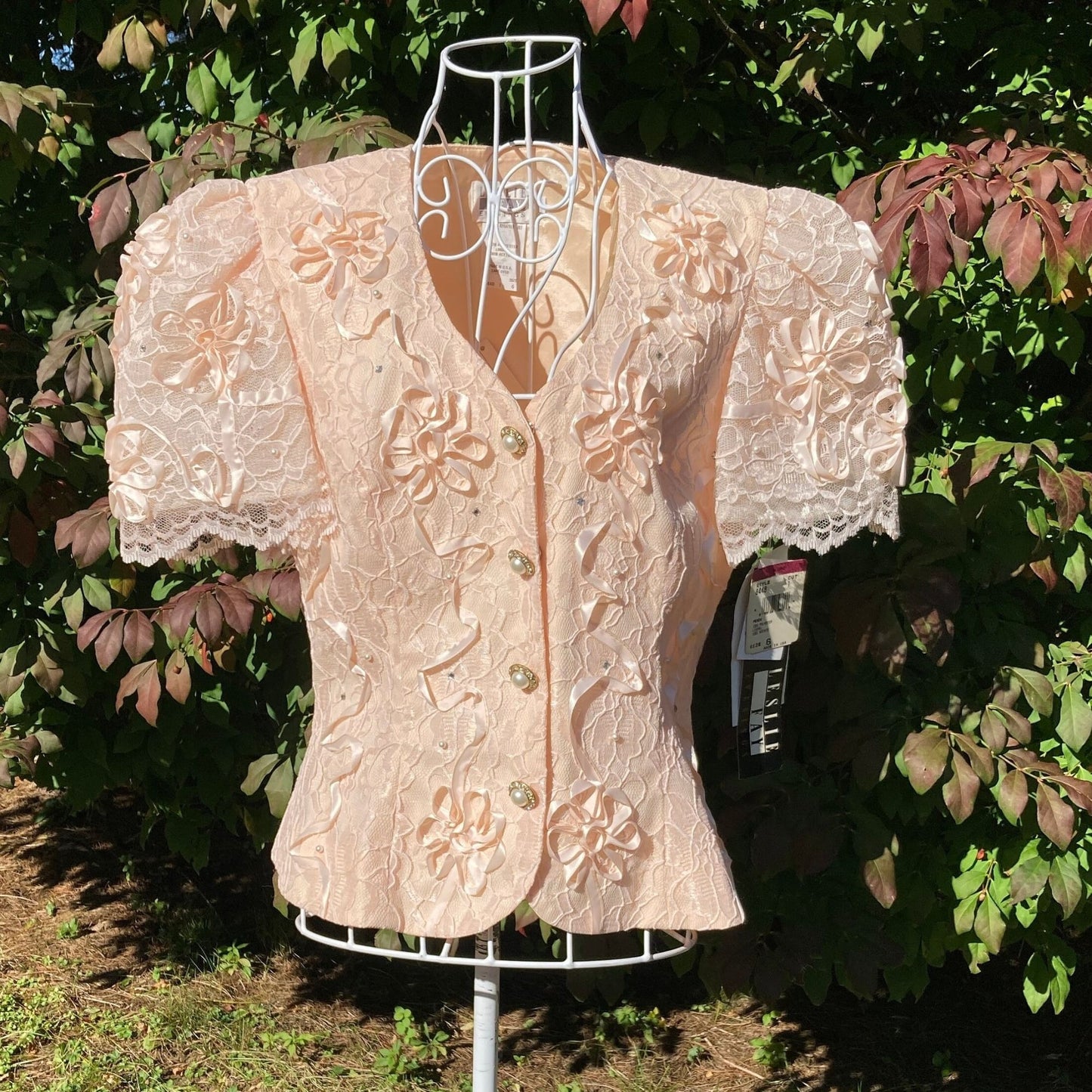 Vintage top |S - M| 80s lace embroidered rhinestones 1990s shirt blouse Leslie Fay deadstock nwt puff sleeve party occasion wear dusty rose