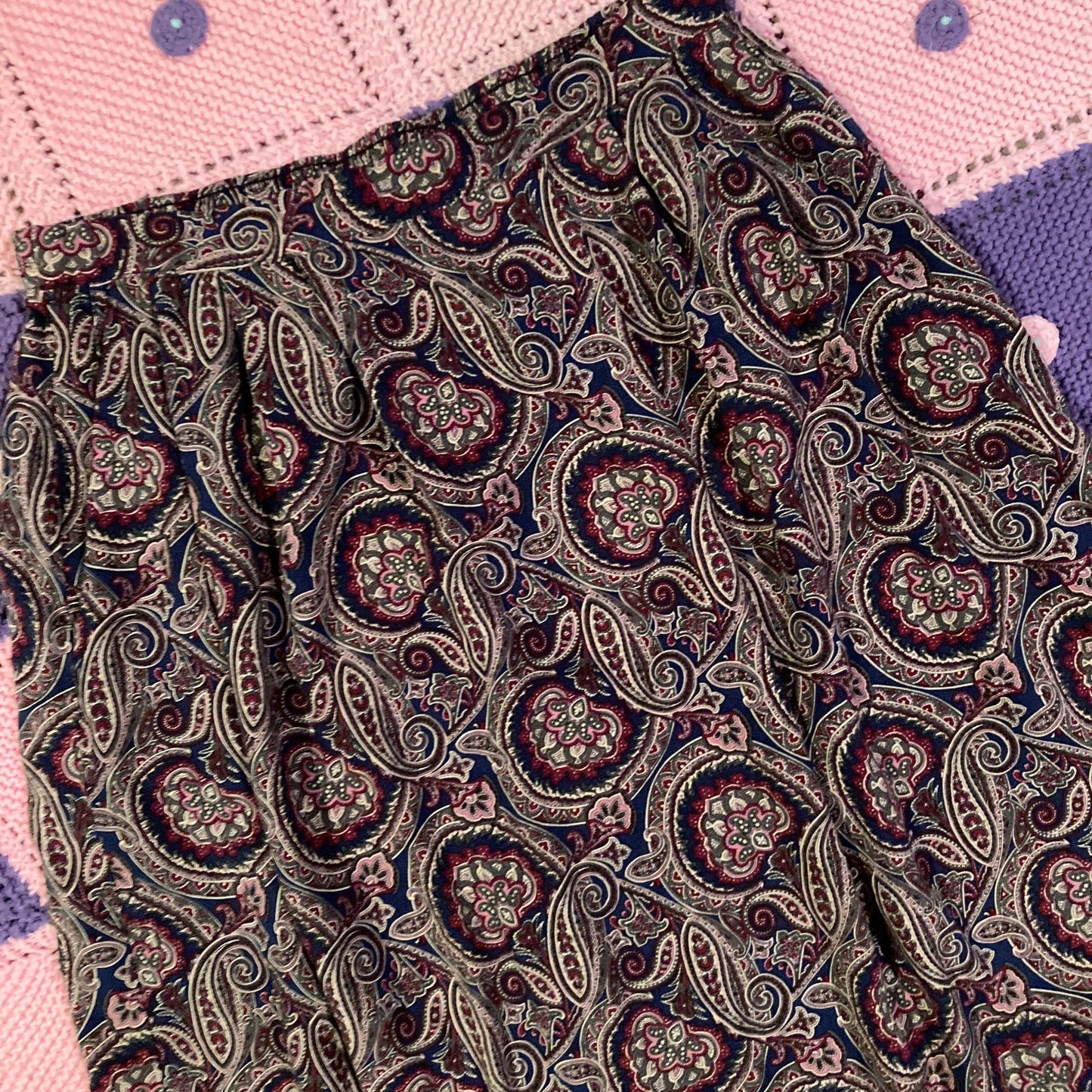 vintage 90s y2k skirt 1990s rayon maroon blue paisley 30-31 in waist