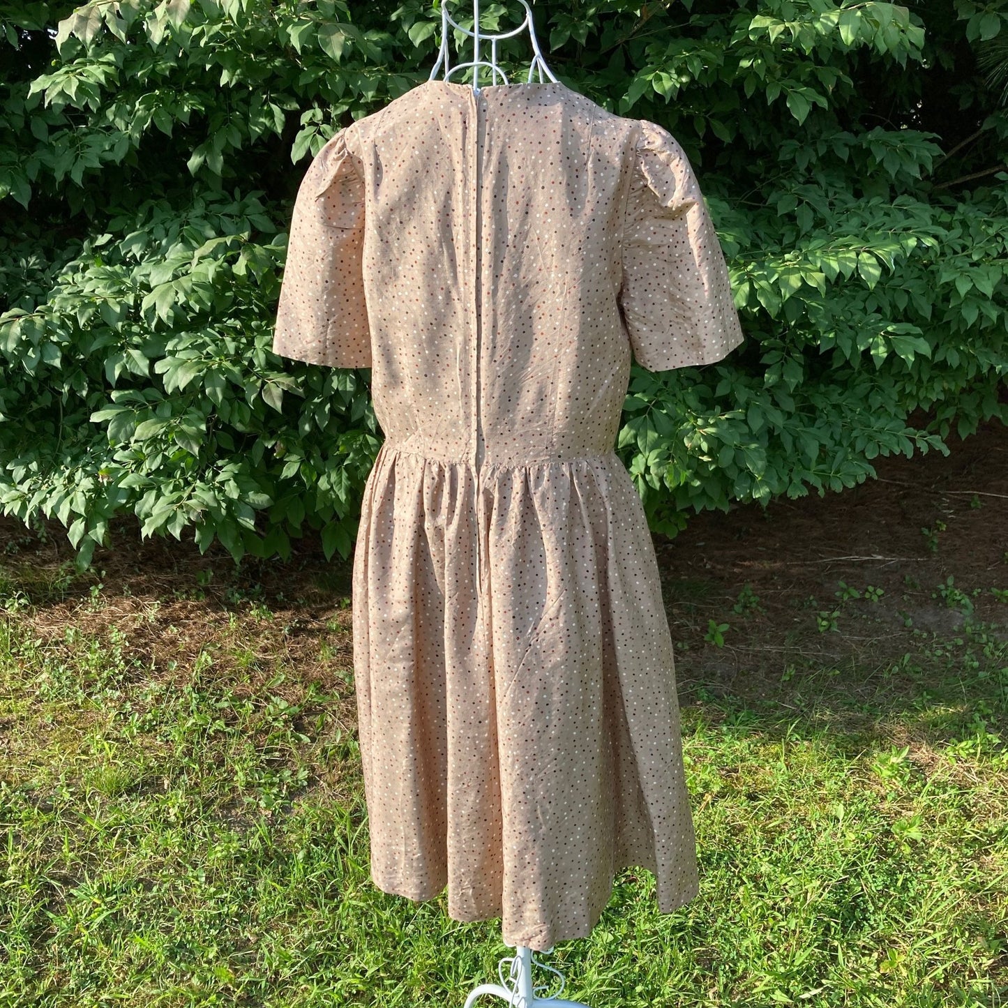 70s dress polka dots beige tan white grey black 1970s handmade | M-L |