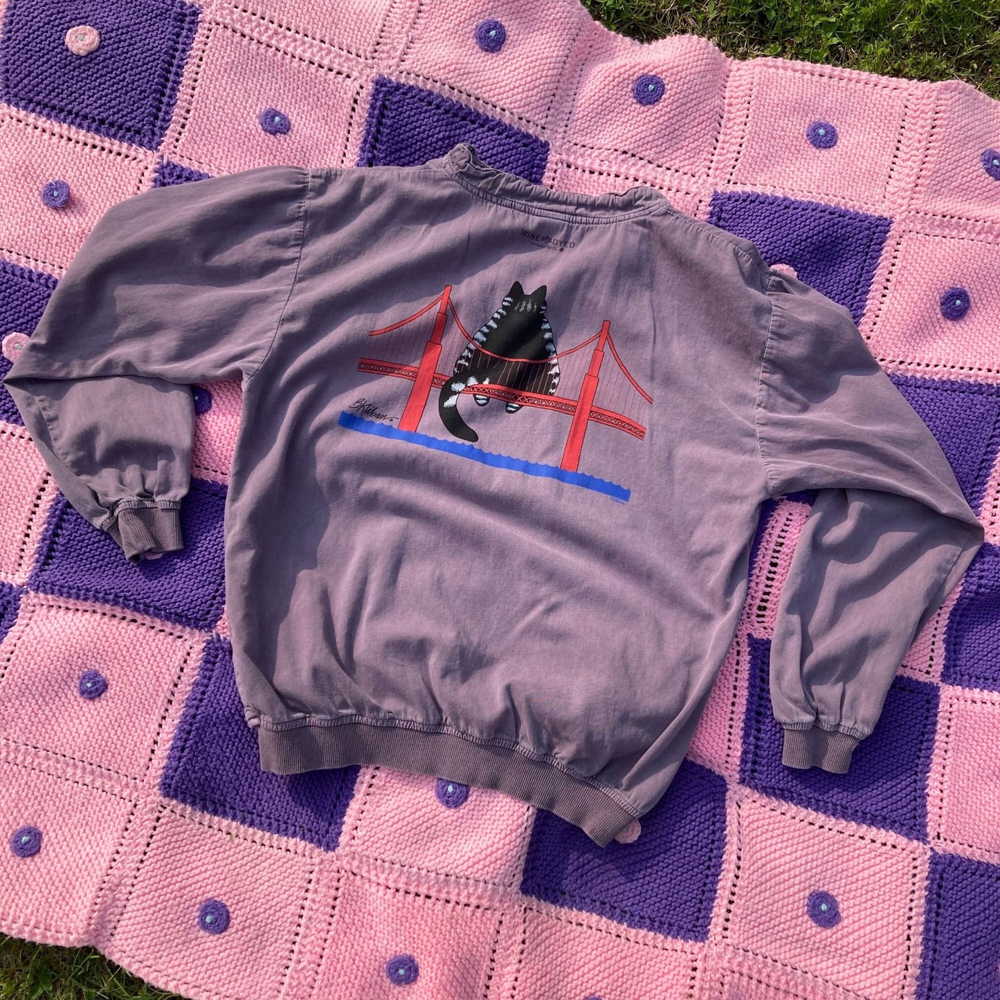 Vintage graphic b kliban vintage Crazy T Shirt cat 90s 80s 1990s double sided destination San Fransico wine dyed long sleeve