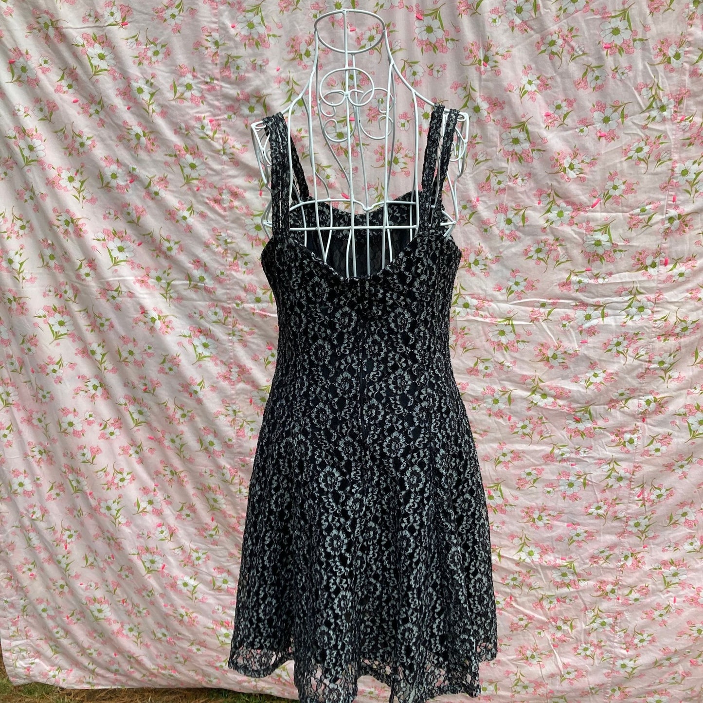 vintage dress black silver lace 80s 90s | S-M | see through overlay All That Jazz tank mini
