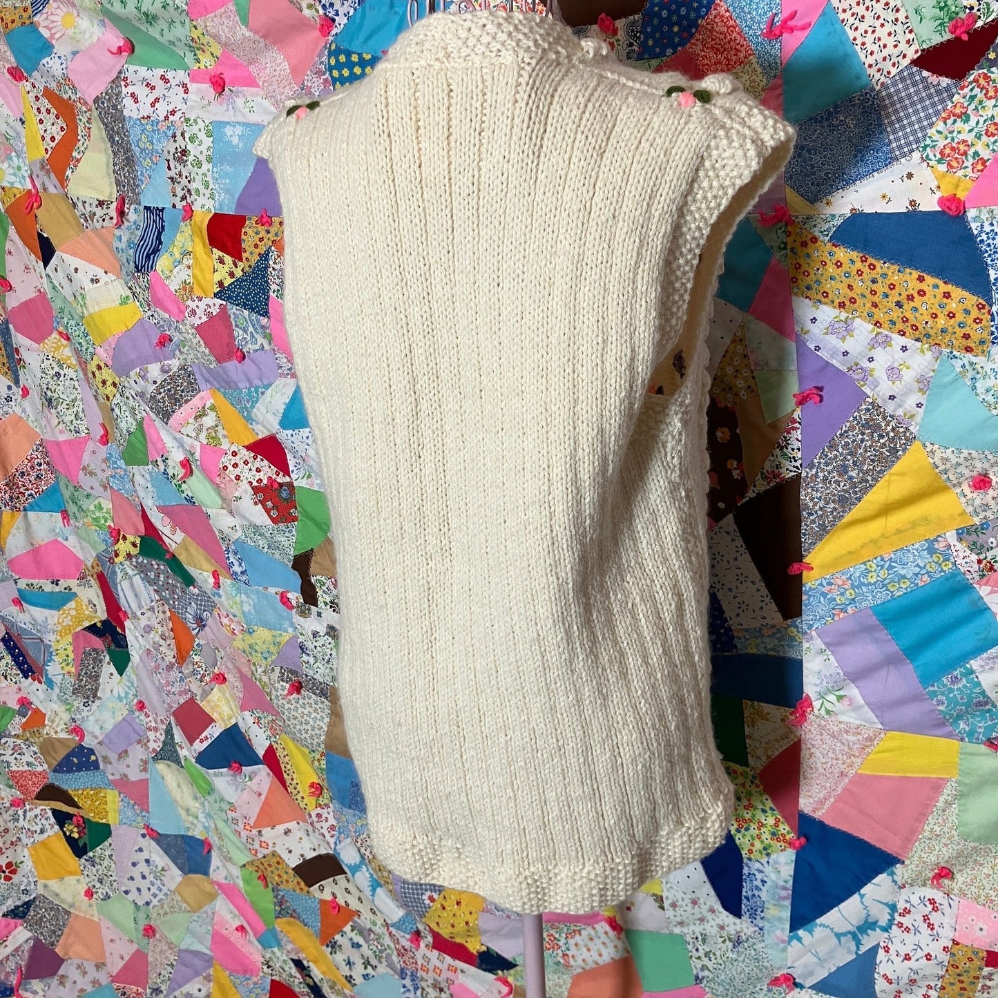 vintage 70s vest cable knit Ireland aran chunky floral pink purple fisherman button front cardigan made in ireland wool heavy