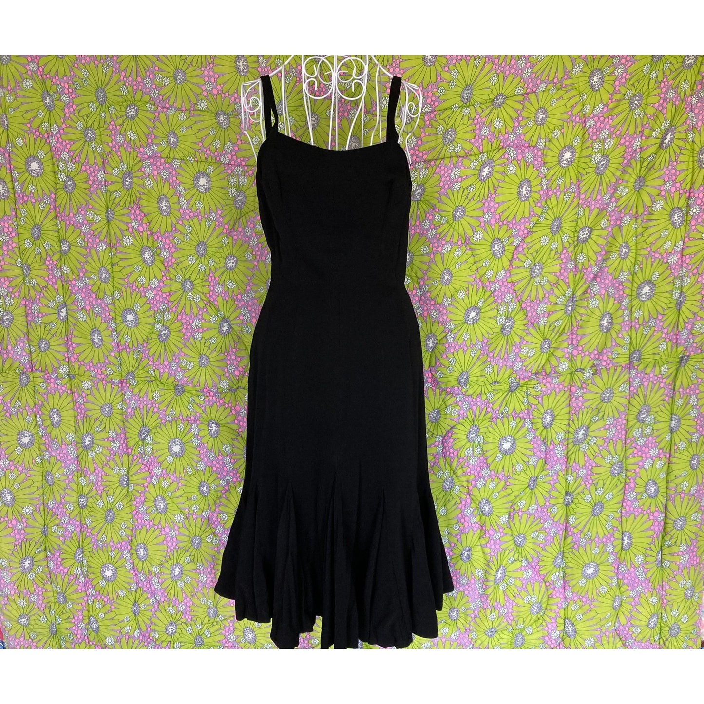 Vintage 40s 50s black dress S-M Lord and Taylor tank trumpet silhouette