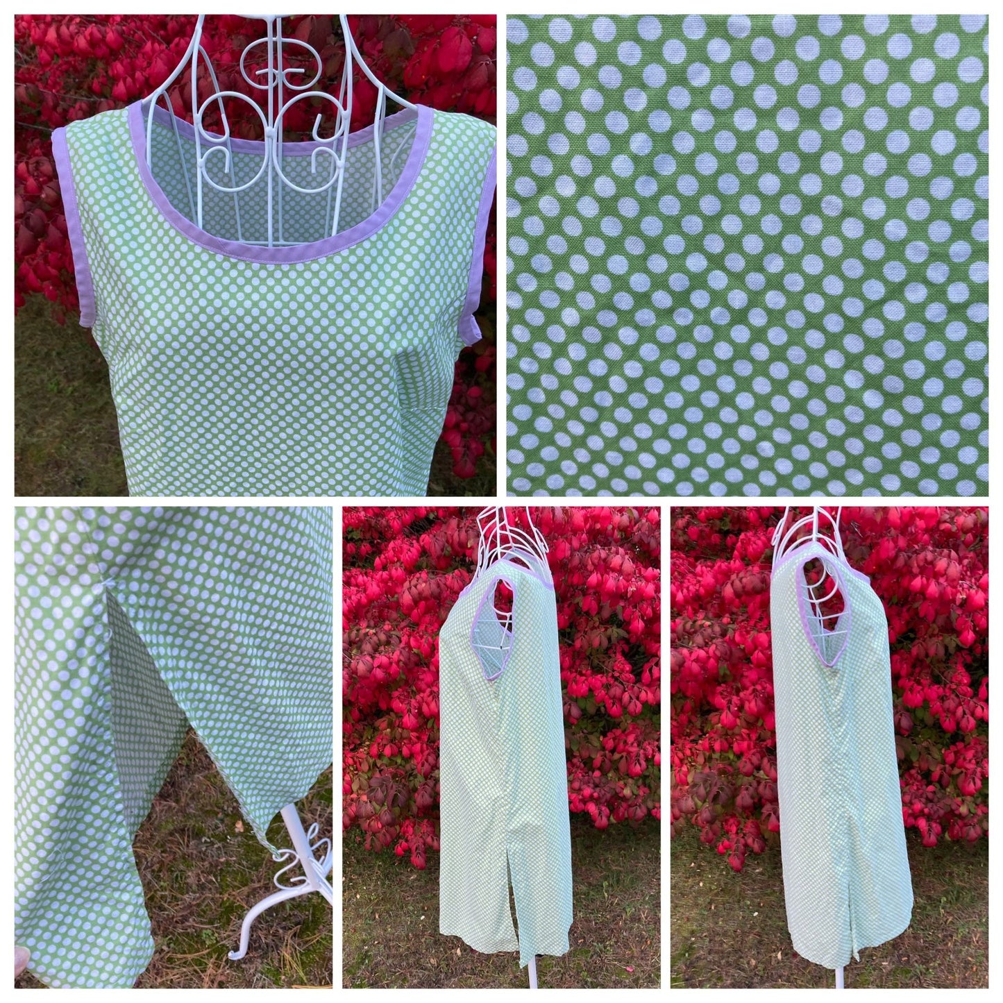 vintage house dress tunic 60s green purple white polka dot sleeveless