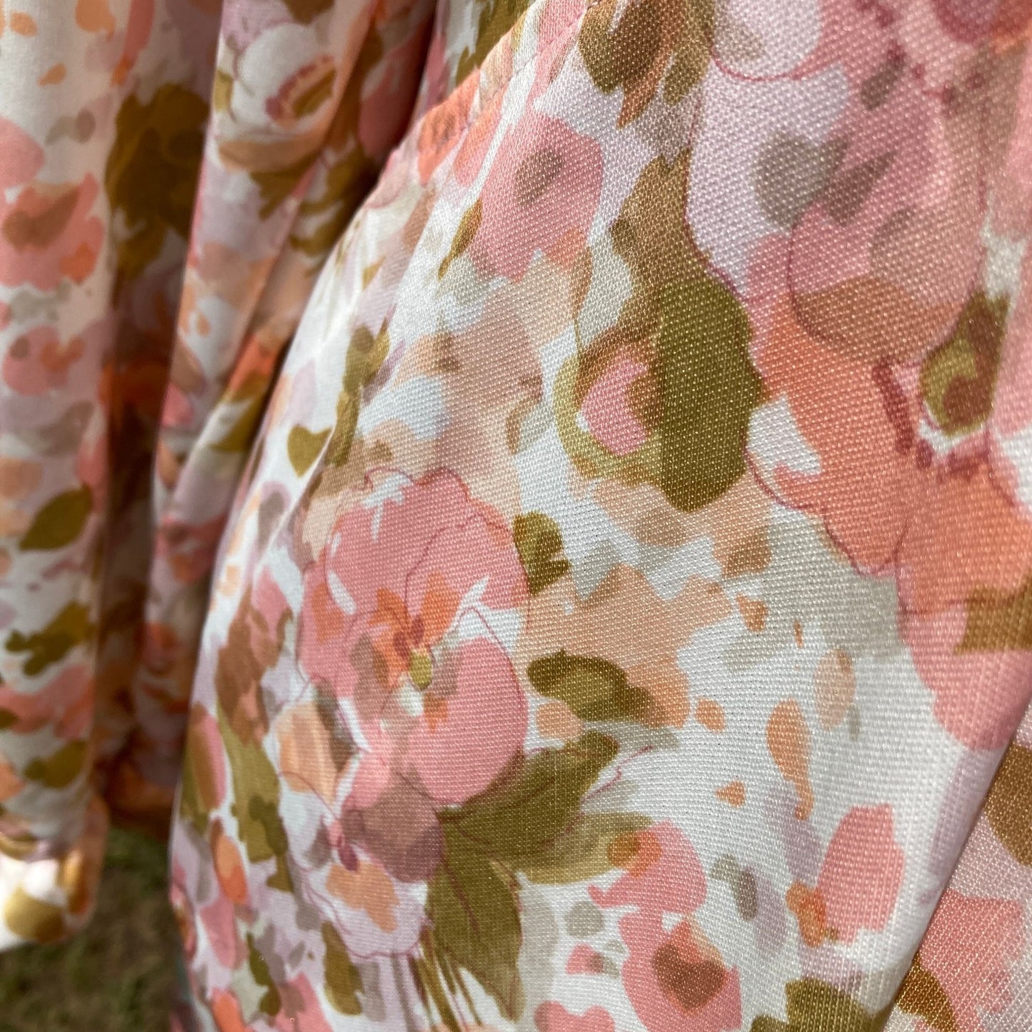 70s vintage maxi dress | S-M | floral collar peach orange white 1970s ruffle long sleeve