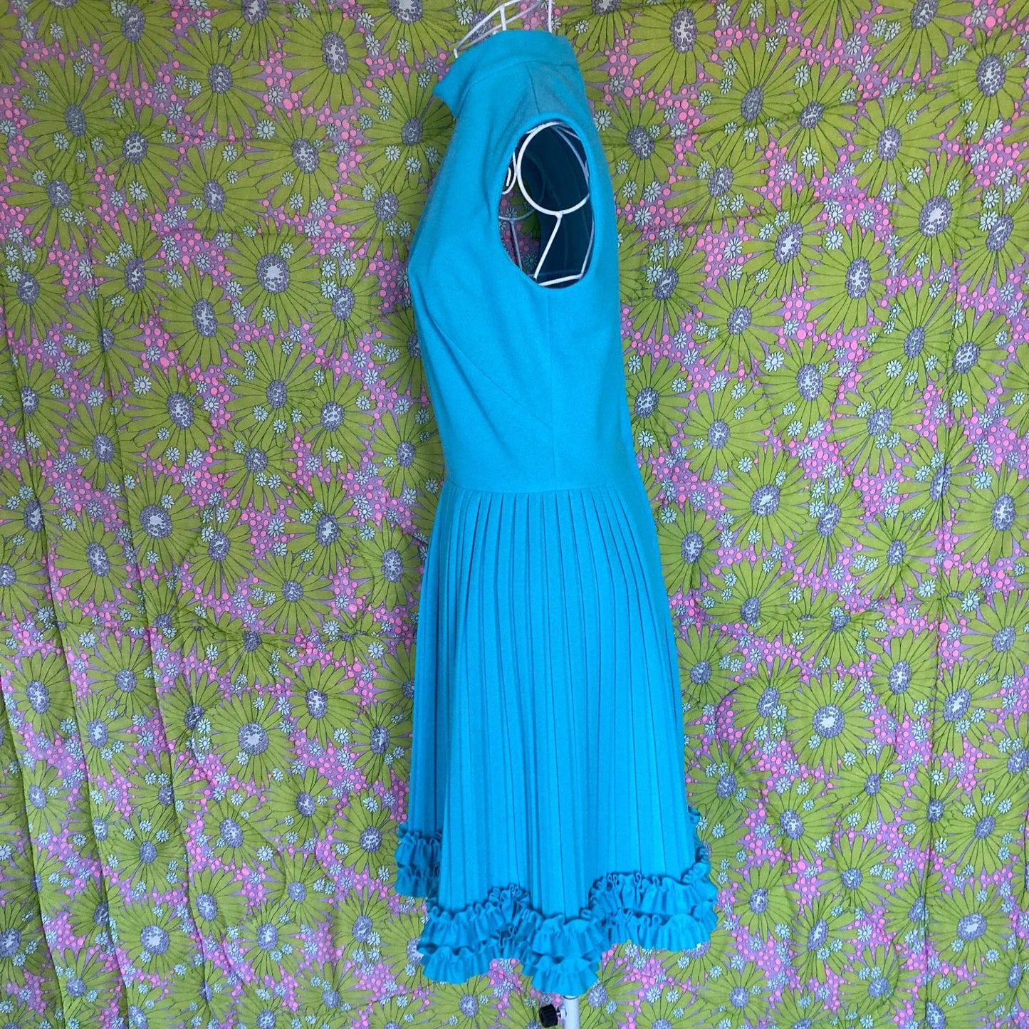 60s 70s vintage dress blue ruffle S - M 1970s party sleeveless