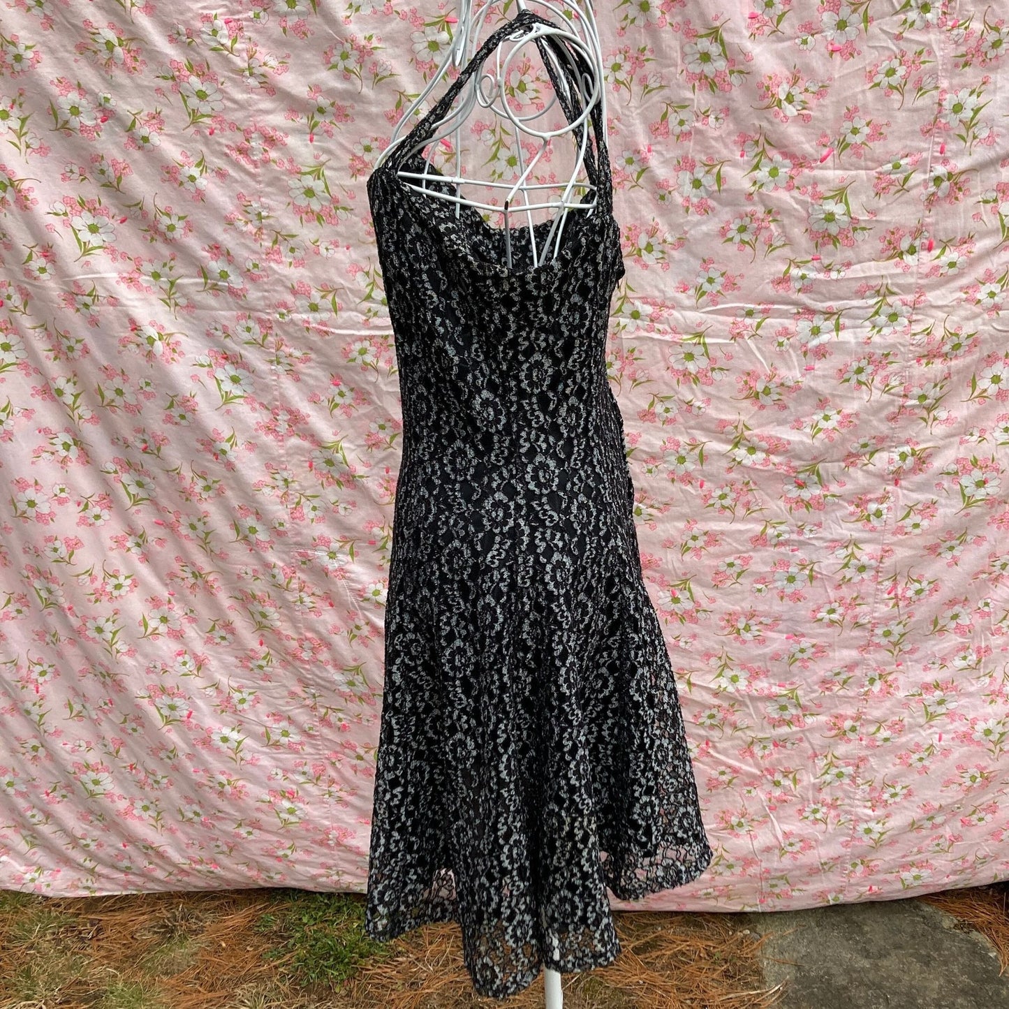 vintage dress black silver lace 80s 90s | S-M | see through overlay All That Jazz tank mini