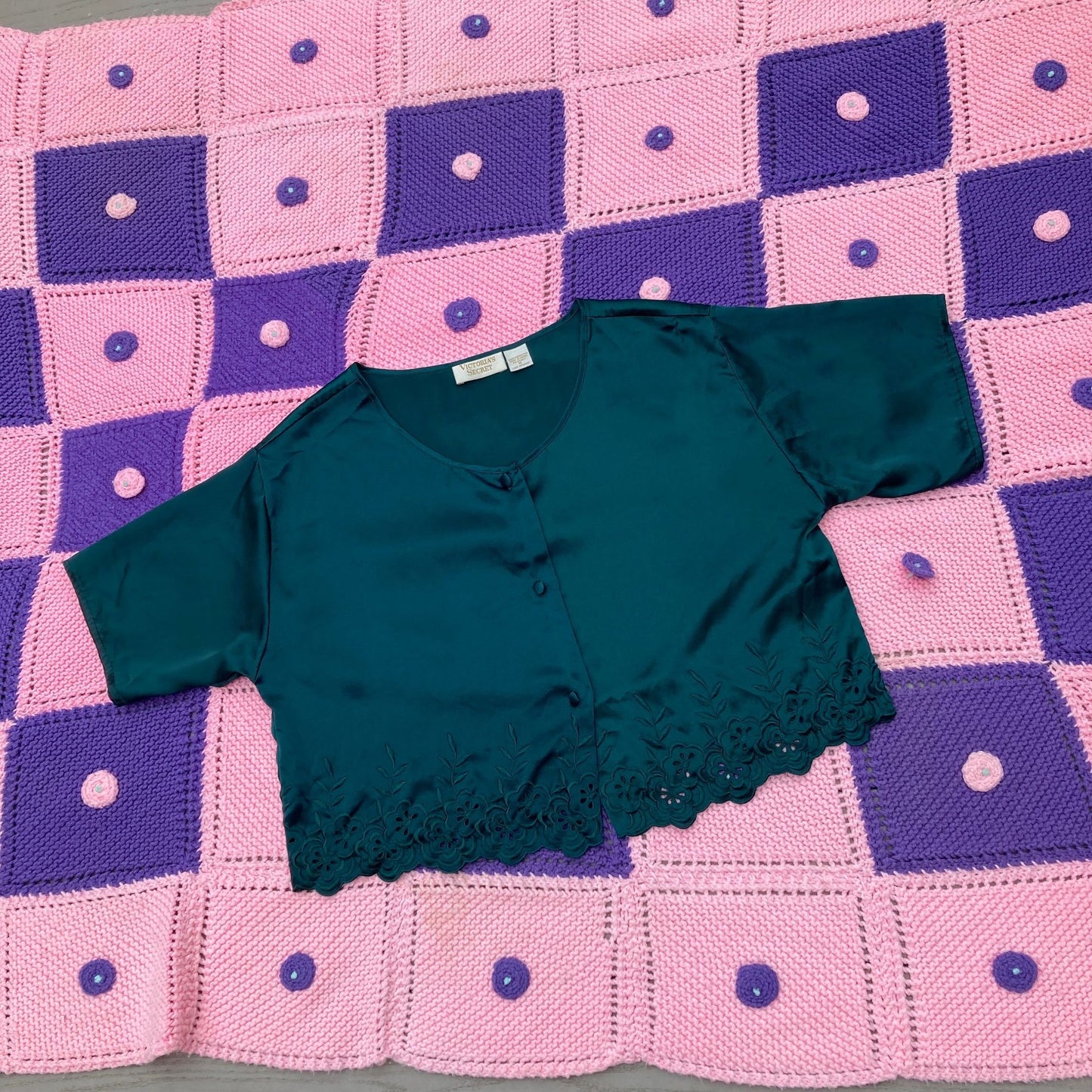 Vintage Victorias Secret gold tag top green short sleeve |M-L| 80s 90s emerald green shirt blouse crop cropped eyelet