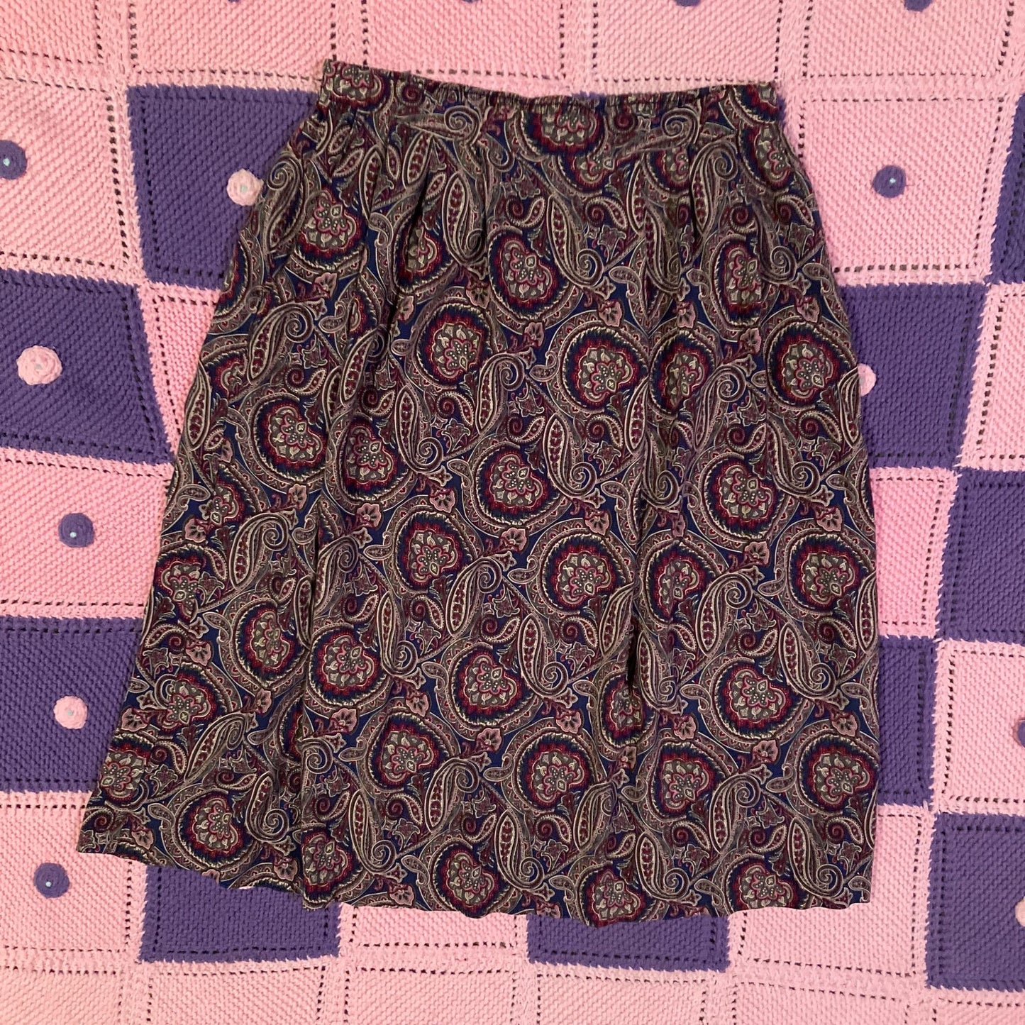 vintage 90s y2k skirt 1990s rayon maroon blue paisley 30-31 in waist
