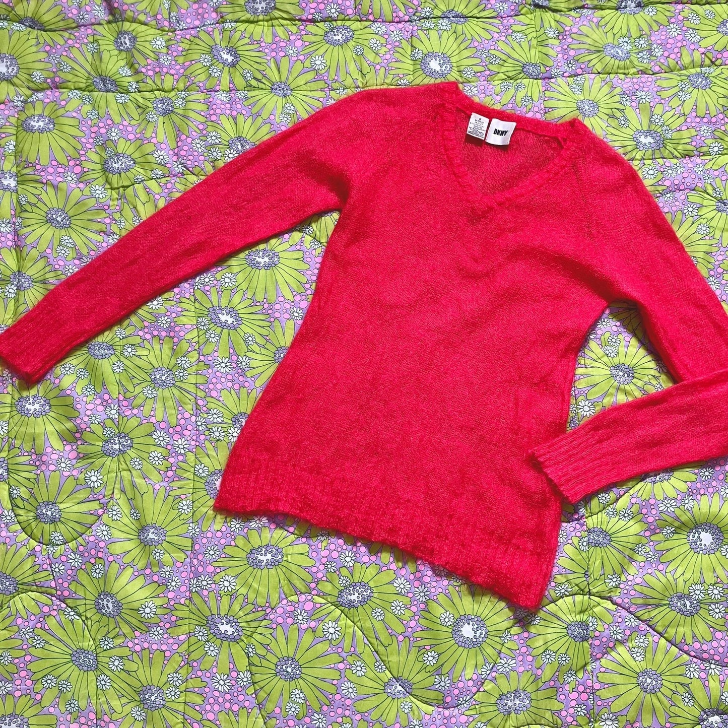 Vintage 90s y2k sweater | XS-S | bright reddish pink mohair blend fuzzy DKNY deep v