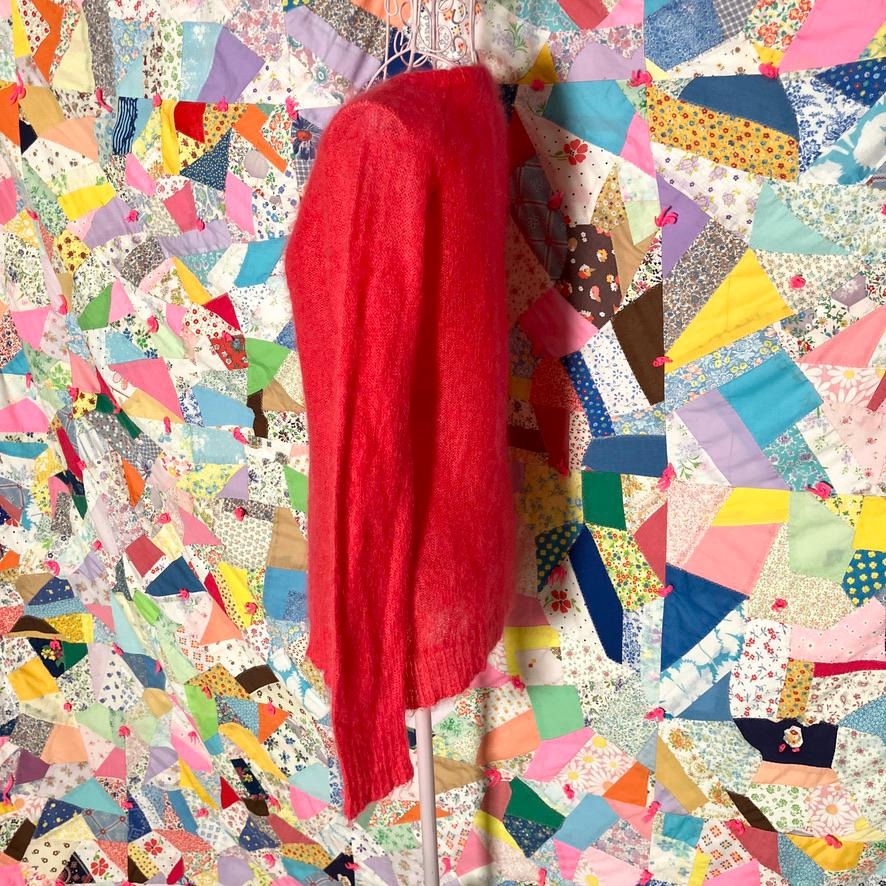 Vintage 90s y2k sweater | XS-S | bright reddish pink mohair blend fuzzy DKNY deep v