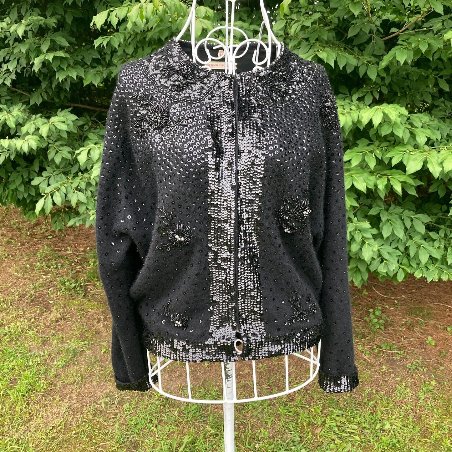 Vintage sweater wool angora black 60s |S-M| elegant sequin beaded cardigan