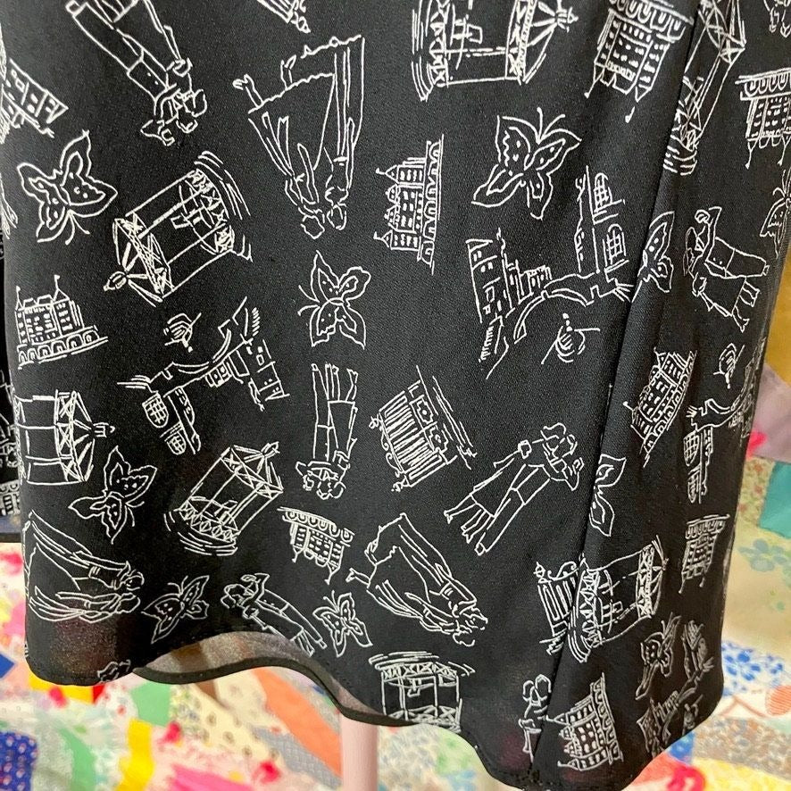 vintage 90s y2k skirt black white novelty print butterfly figural architecture | S-M | Nine West