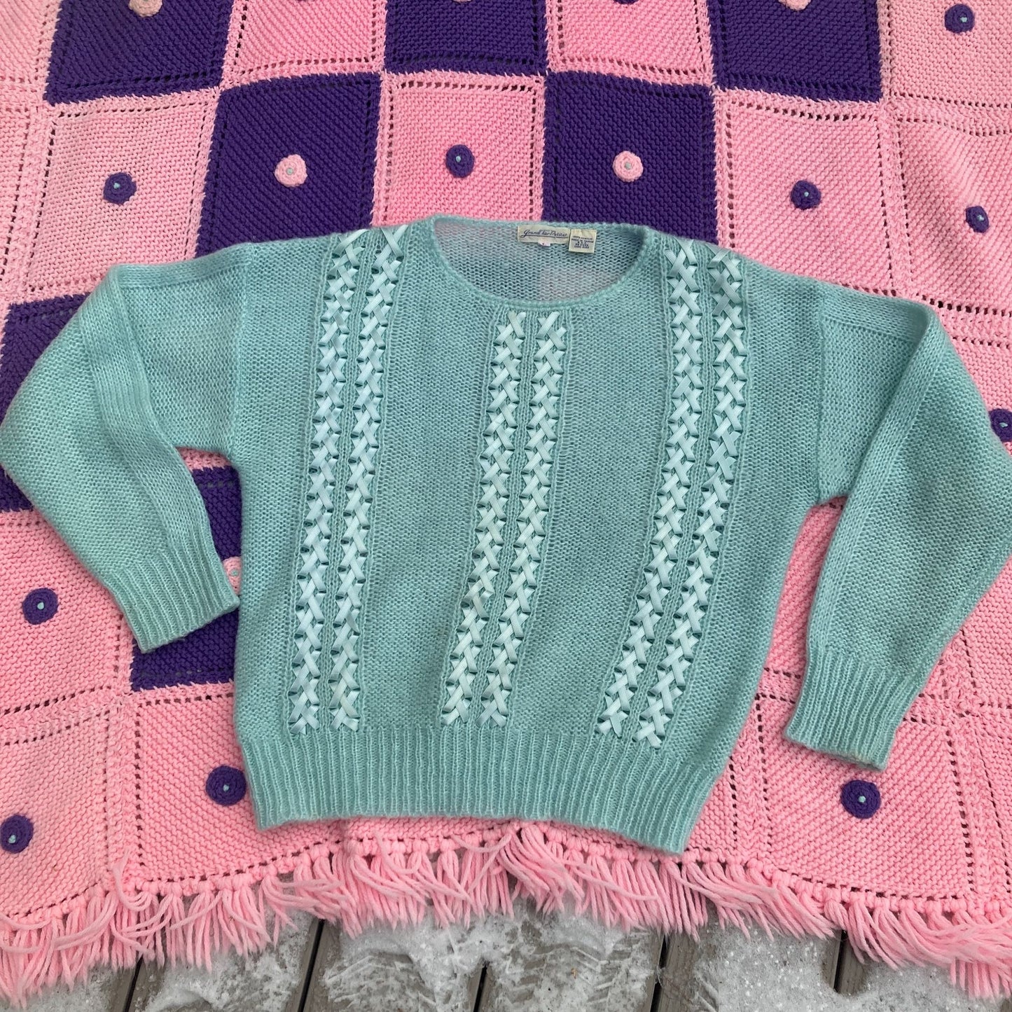 Vintage sweater teal | S-M | 70s ribbon kawaii fairy kei Grand Tier Petites