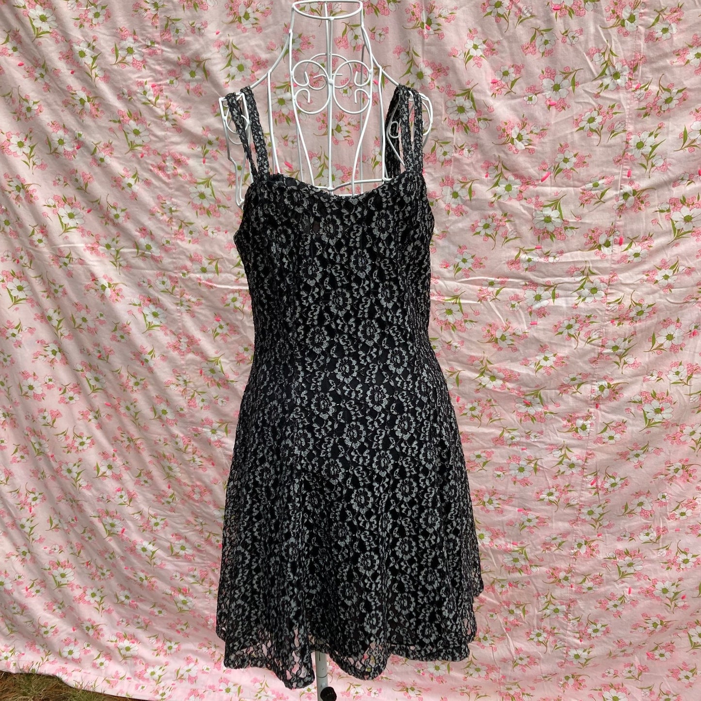 vintage dress black silver lace 80s 90s | S-M | see through overlay All That Jazz tank mini