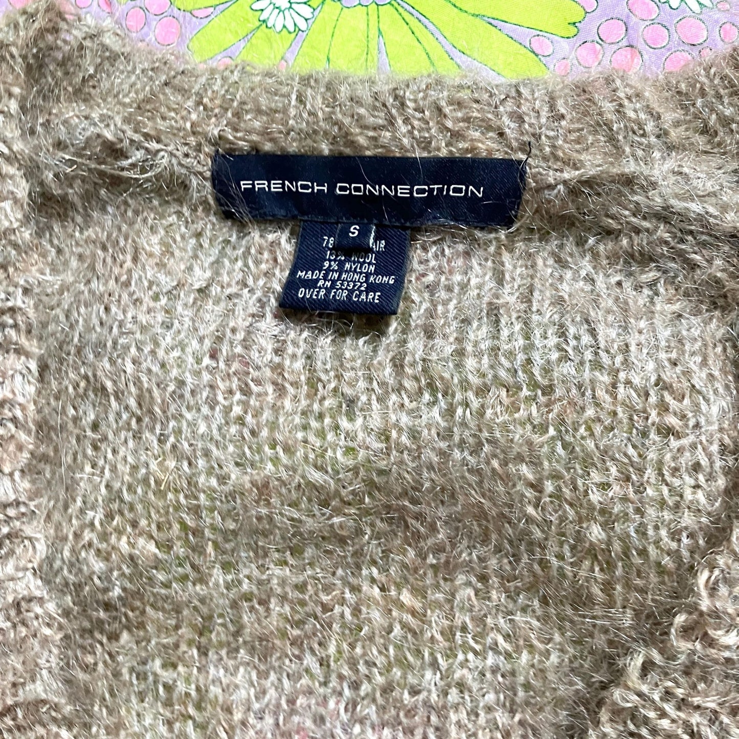 Vintage 90s y2k sweater | XS-S | oat meal beige wool mohair wool blend fuzzy mock neck French Connection deep v neutral