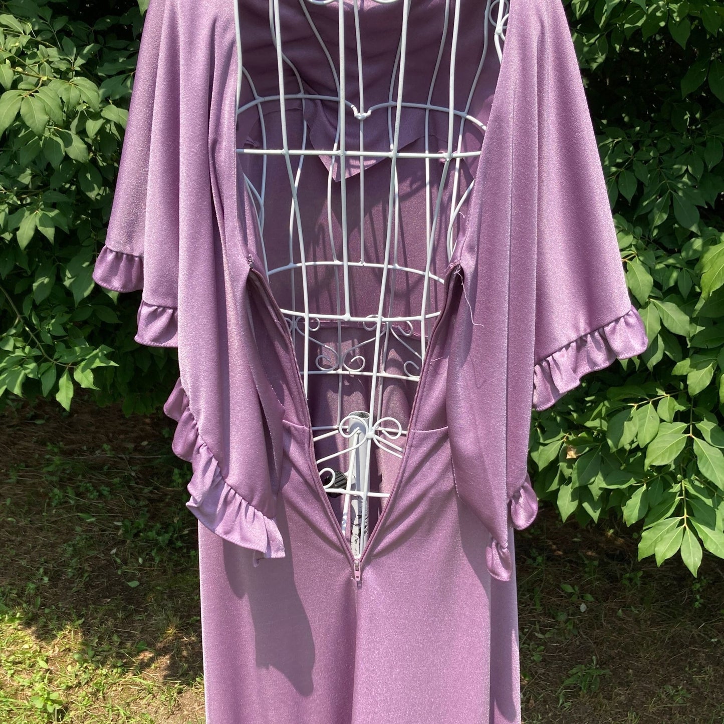 70s vintage dress purple XS-M 1970s party flutter sleeve ruffle ILGWU Union made lavender