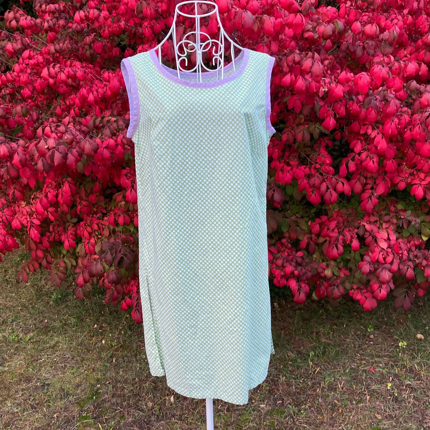 vintage house dress tunic 60s green purple white polka dot sleeveless