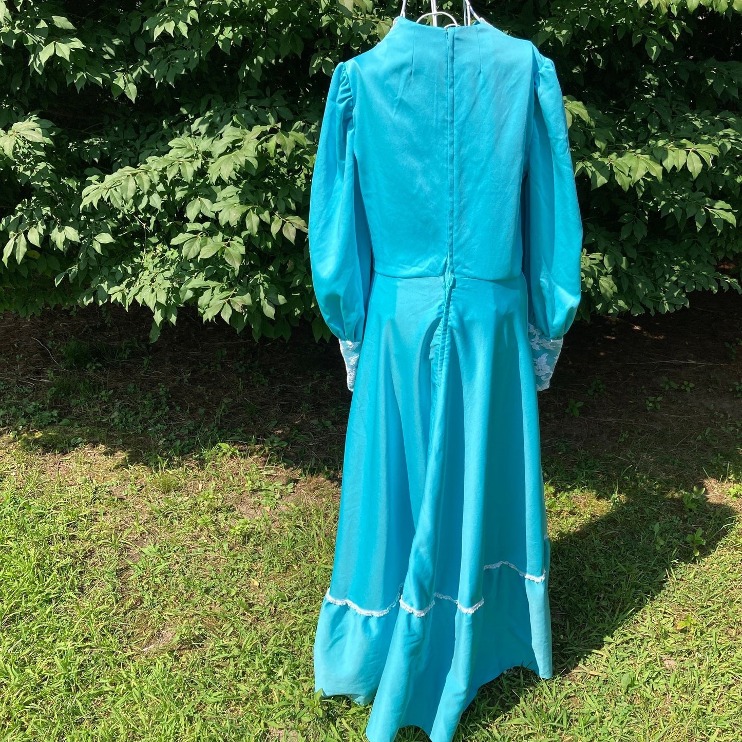 Vintage 70s prairie dress 1970s | S-M | pastel teal maxi balloon bishop sleeve lace