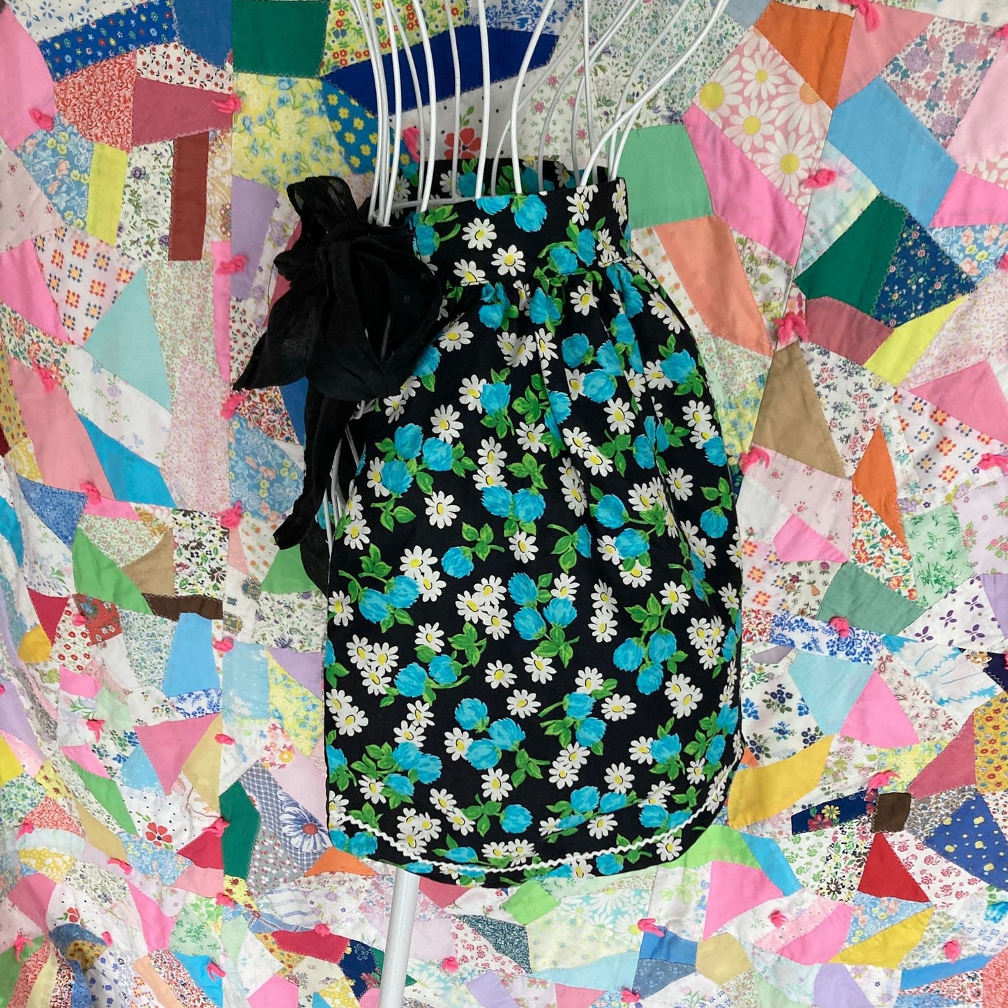 Vintage half apron S-M pockets blue black white see through sheer linen hand made one of a kind romantic reversible
