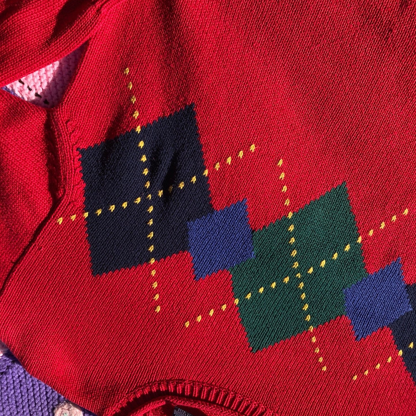 Vintage sweater argyle diamond | S-M |academic 90s 1990s red green blue yellow 100% cotton crew neck Lizsport