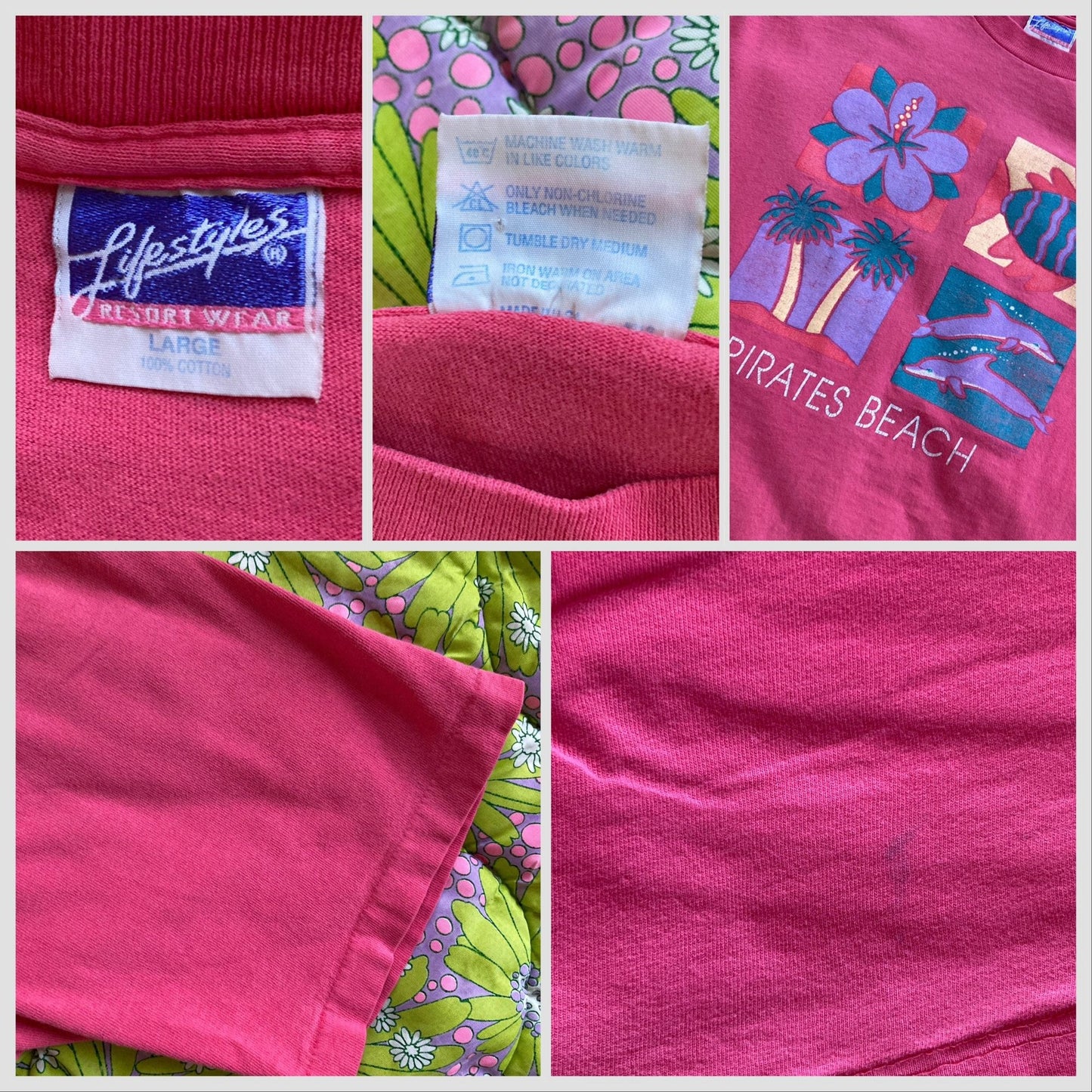 Vintage t shirt | S-M | 90s 1990s palm trees dolphins flowers pink leaves single stitch Lifestyles destination Pirates Beach Galveston TX