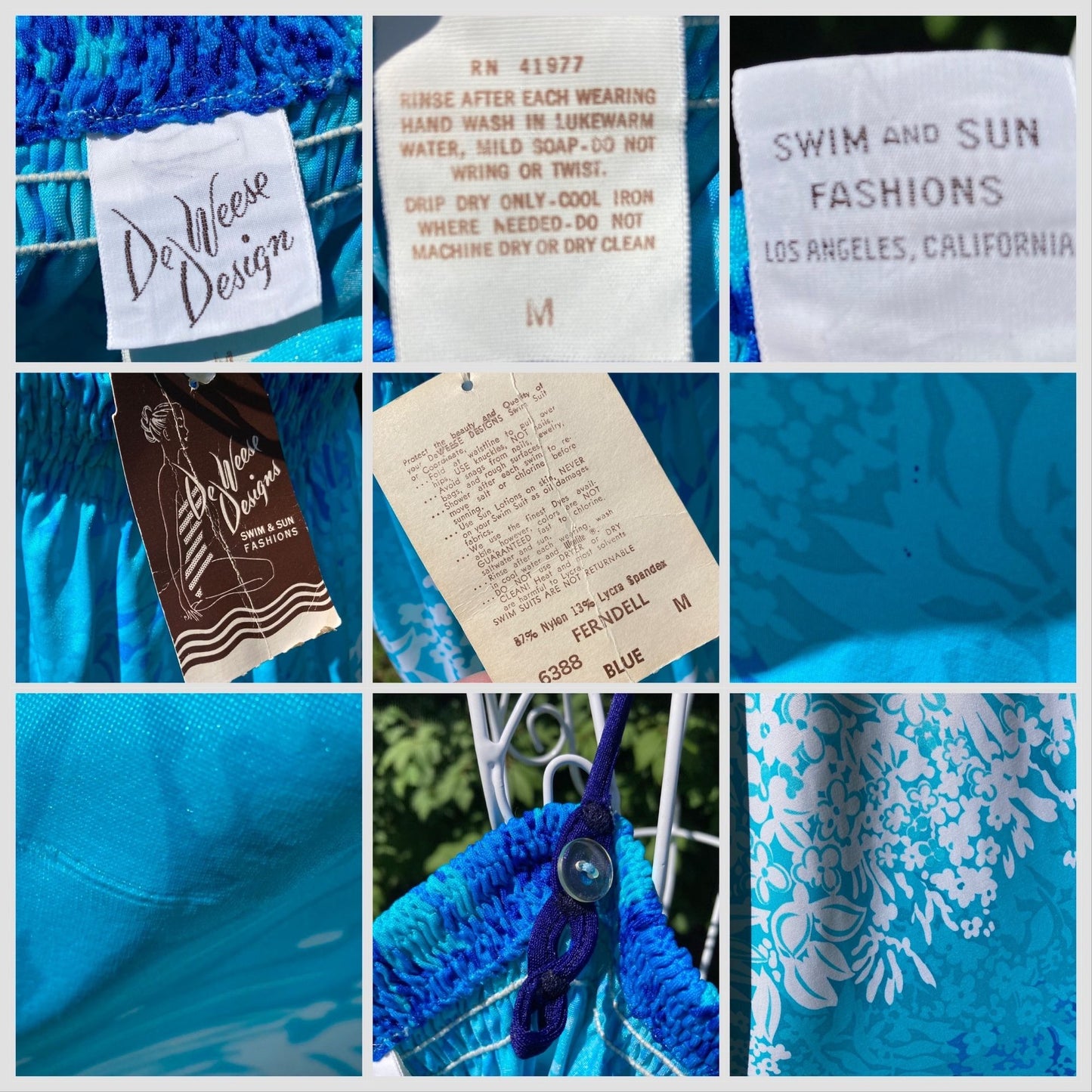 Vintage 70s deadstock dress blue teal print XS-M 1970s floral swim beach DeWeese Design nwt