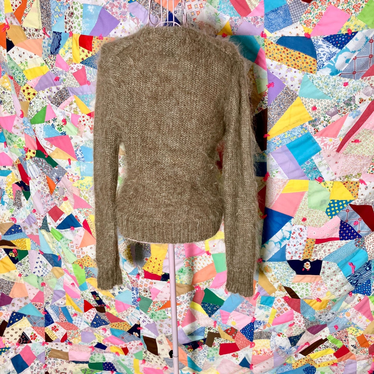 Vintage 90s y2k sweater | XS-S | oat meal beige wool mohair wool blend fuzzy mock neck French Connection deep v neutral