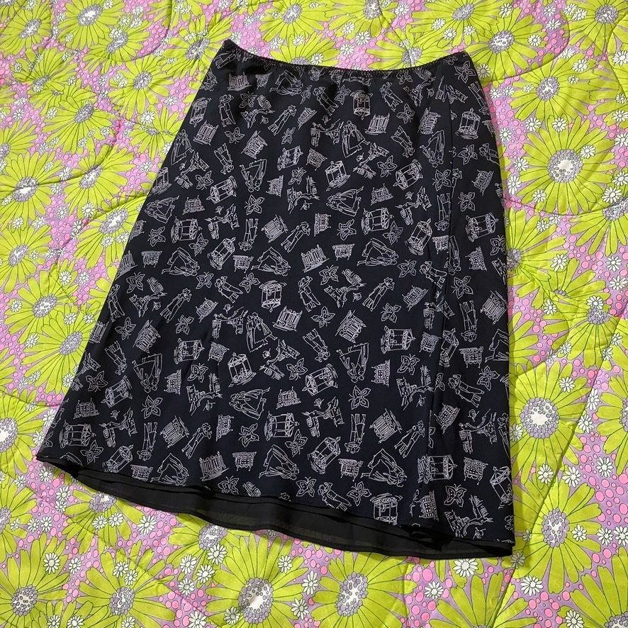 vintage 90s y2k skirt black white novelty print butterfly figural architecture | S-M | Nine West
