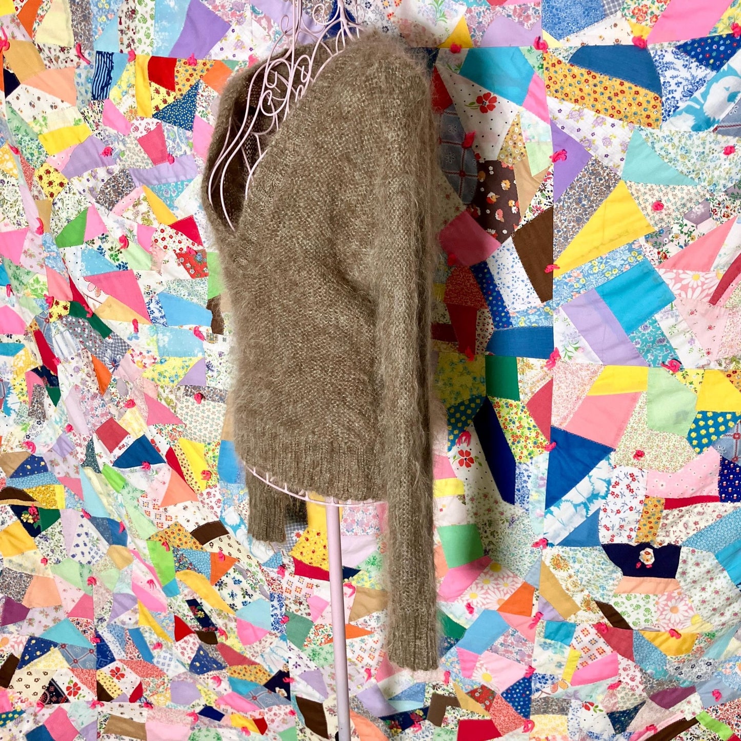Vintage 90s y2k sweater | XS-S | oat meal beige wool mohair wool blend fuzzy mock neck French Connection deep v neutral