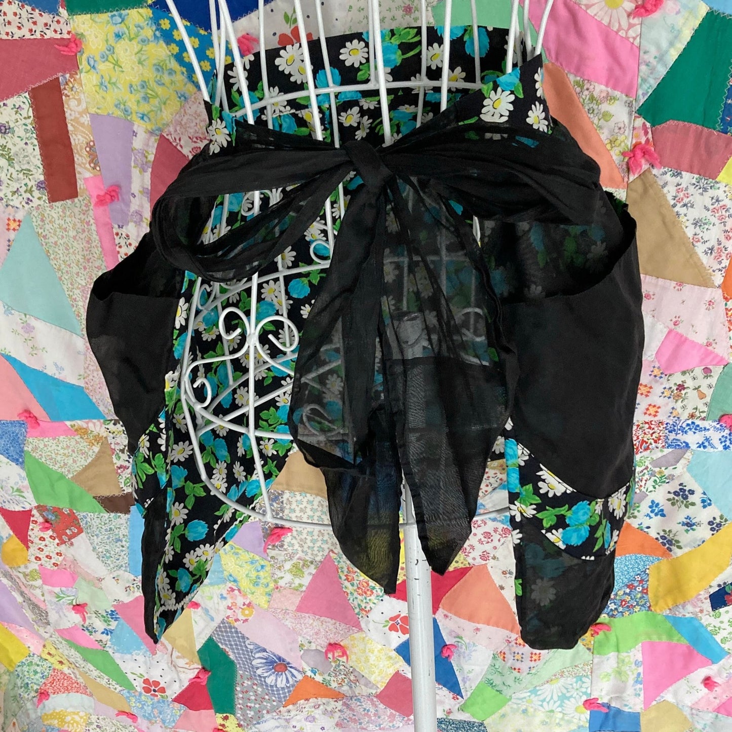 Vintage half apron S-M pockets blue black white see through sheer linen hand made one of a kind romantic reversible
