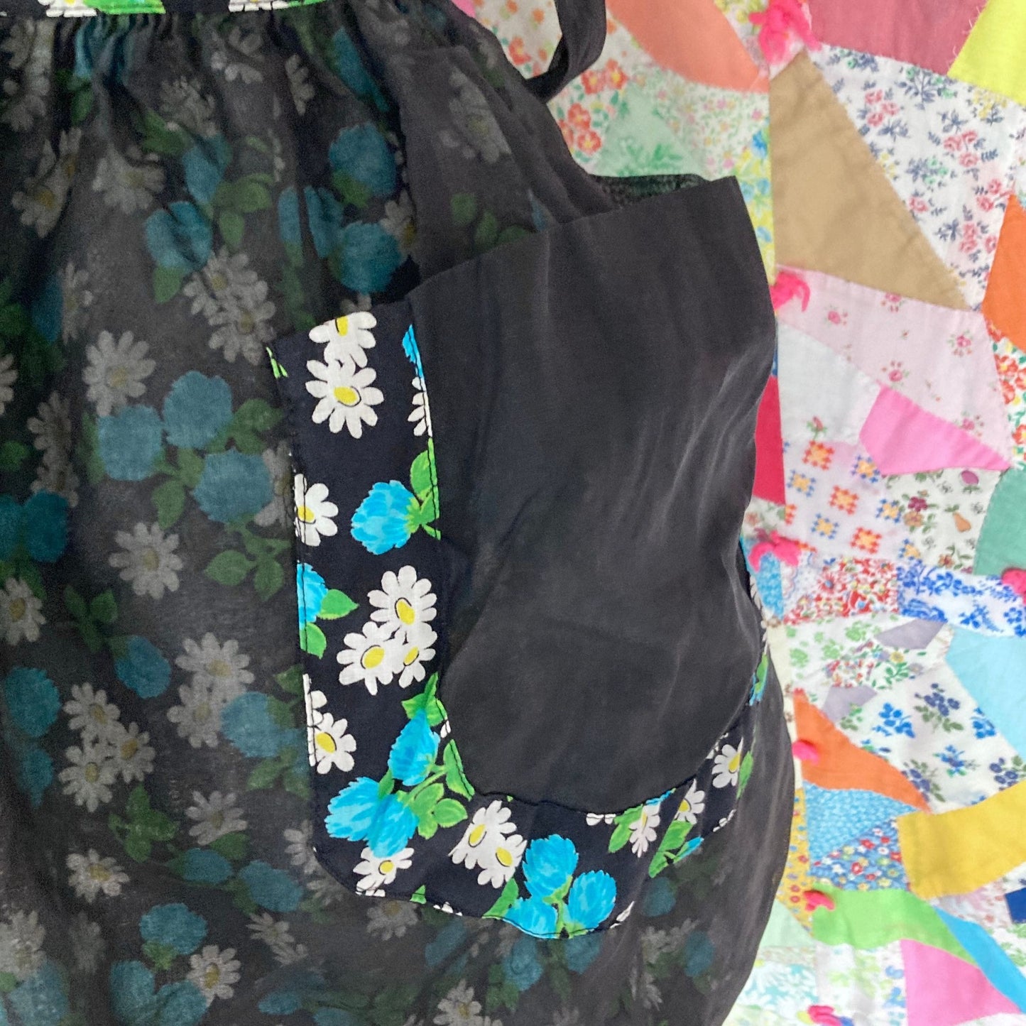 Vintage half apron S-M pockets blue black white see through sheer linen hand made one of a kind romantic reversible
