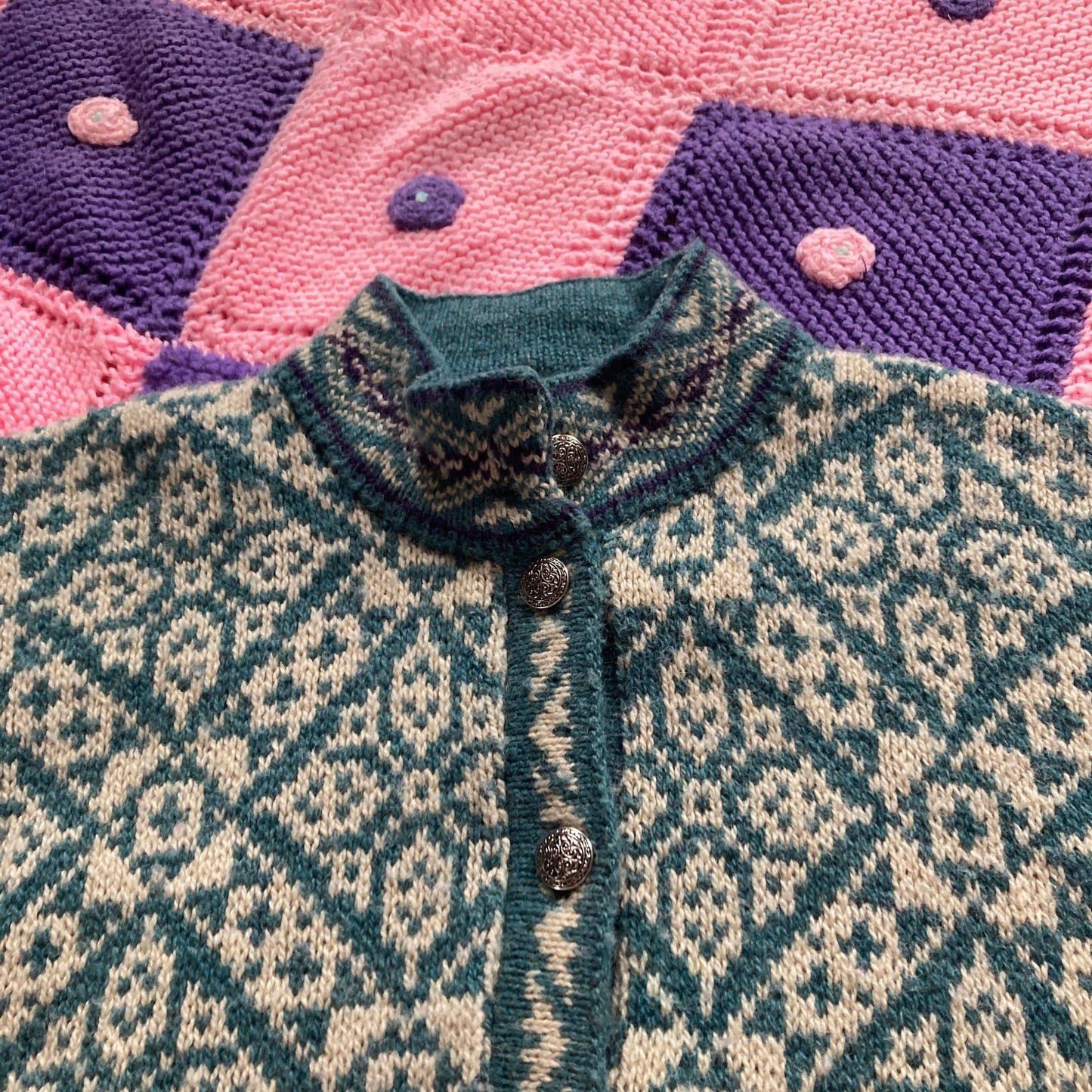 Vintage ll bean wool blend sweater cardigan M L 90s sage green white abstract fair isle made in USA