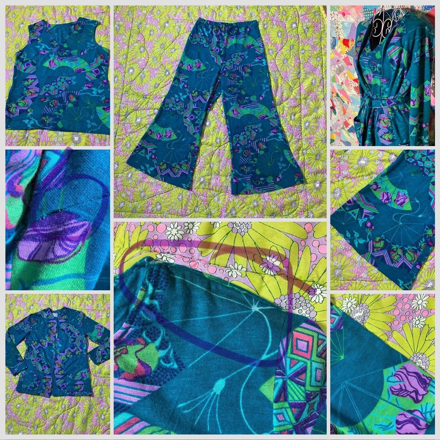 70s retro matching set | S-M | wide leg teal purple green rose psychadelic 1970s three piece Johnnye