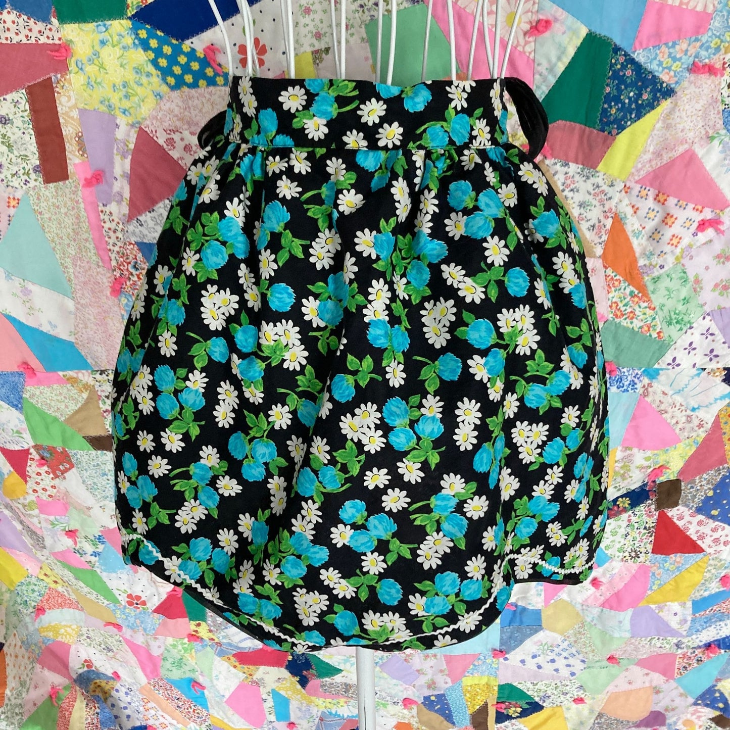 Vintage half apron S-M pockets blue black white see through sheer linen hand made one of a kind romantic reversible