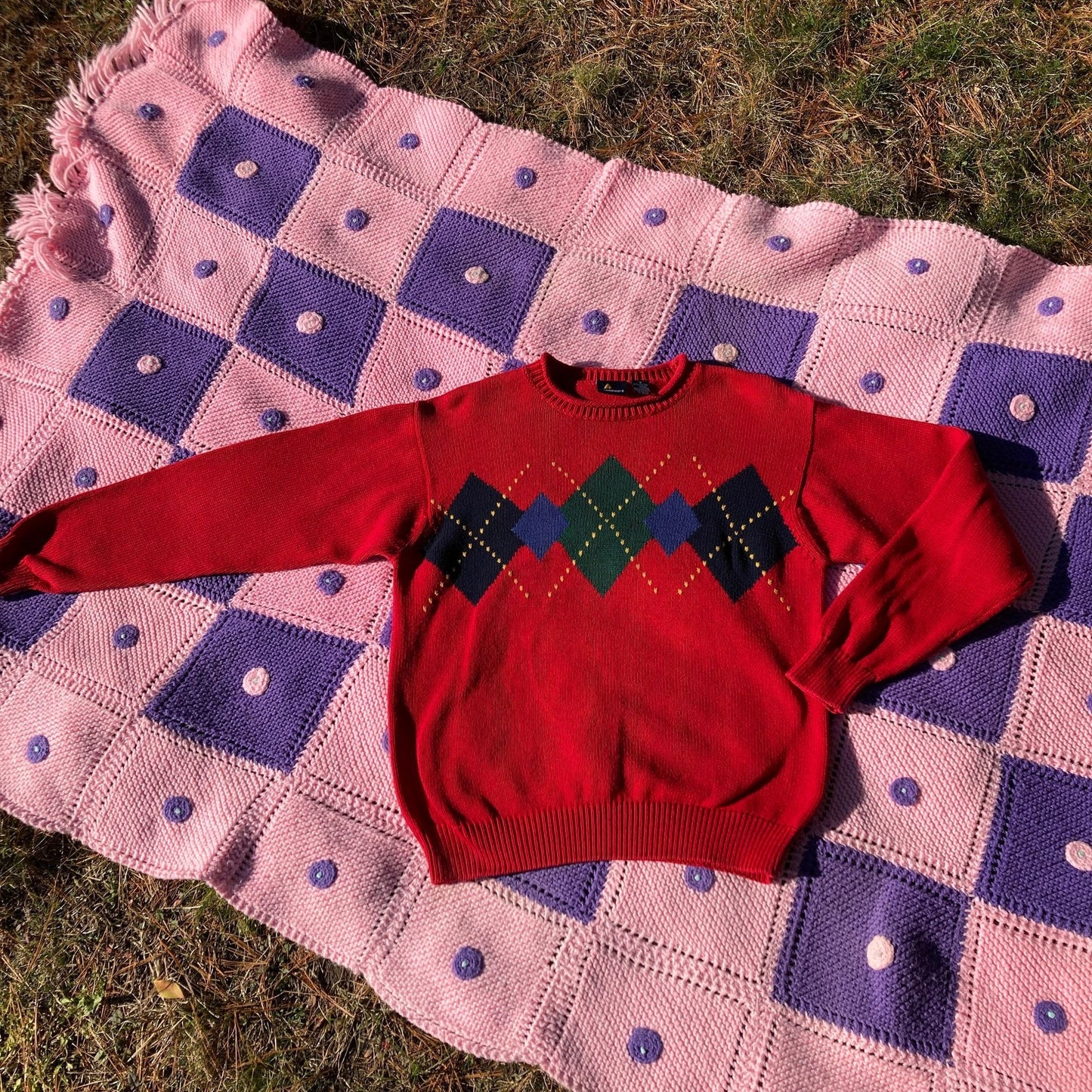 Vintage sweater argyle diamond | S-M |academic 90s 1990s red green blue yellow 100% cotton crew neck Lizsport
