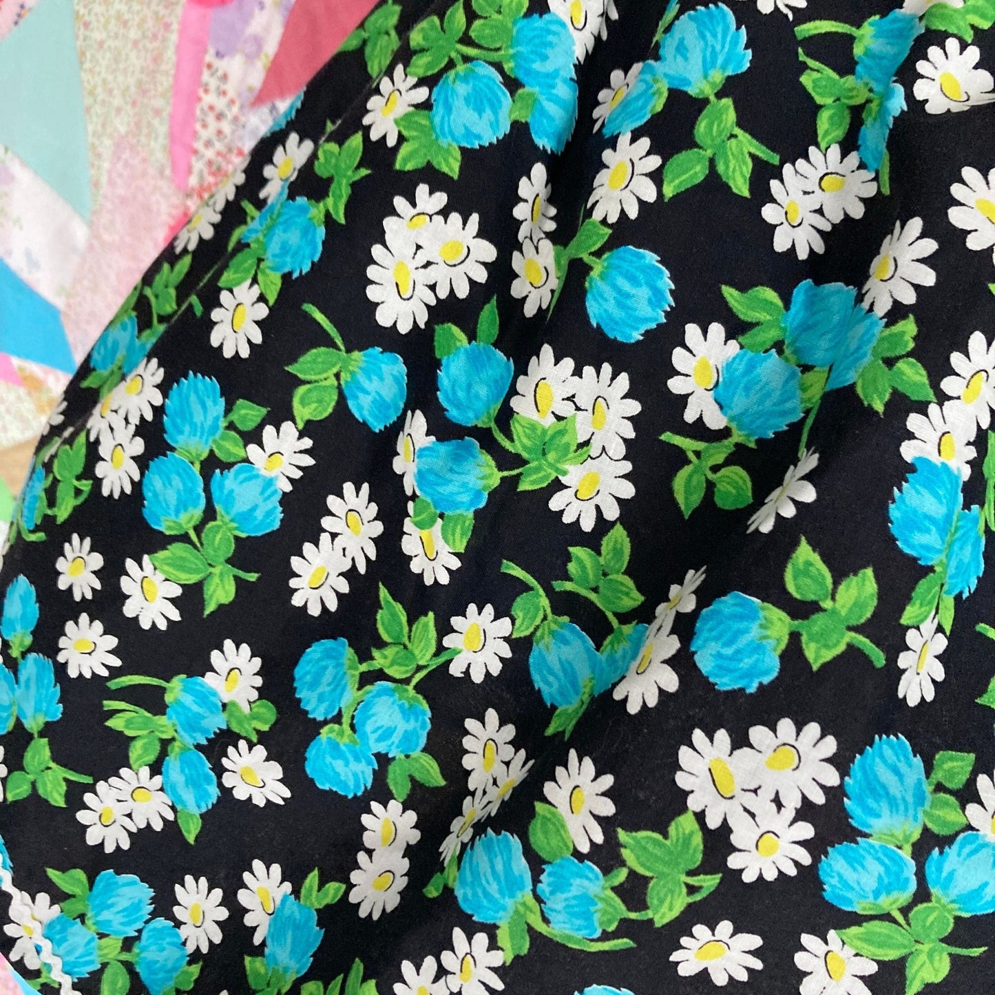 Vintage half apron S-M pockets blue black white see through sheer linen hand made one of a kind romantic reversible