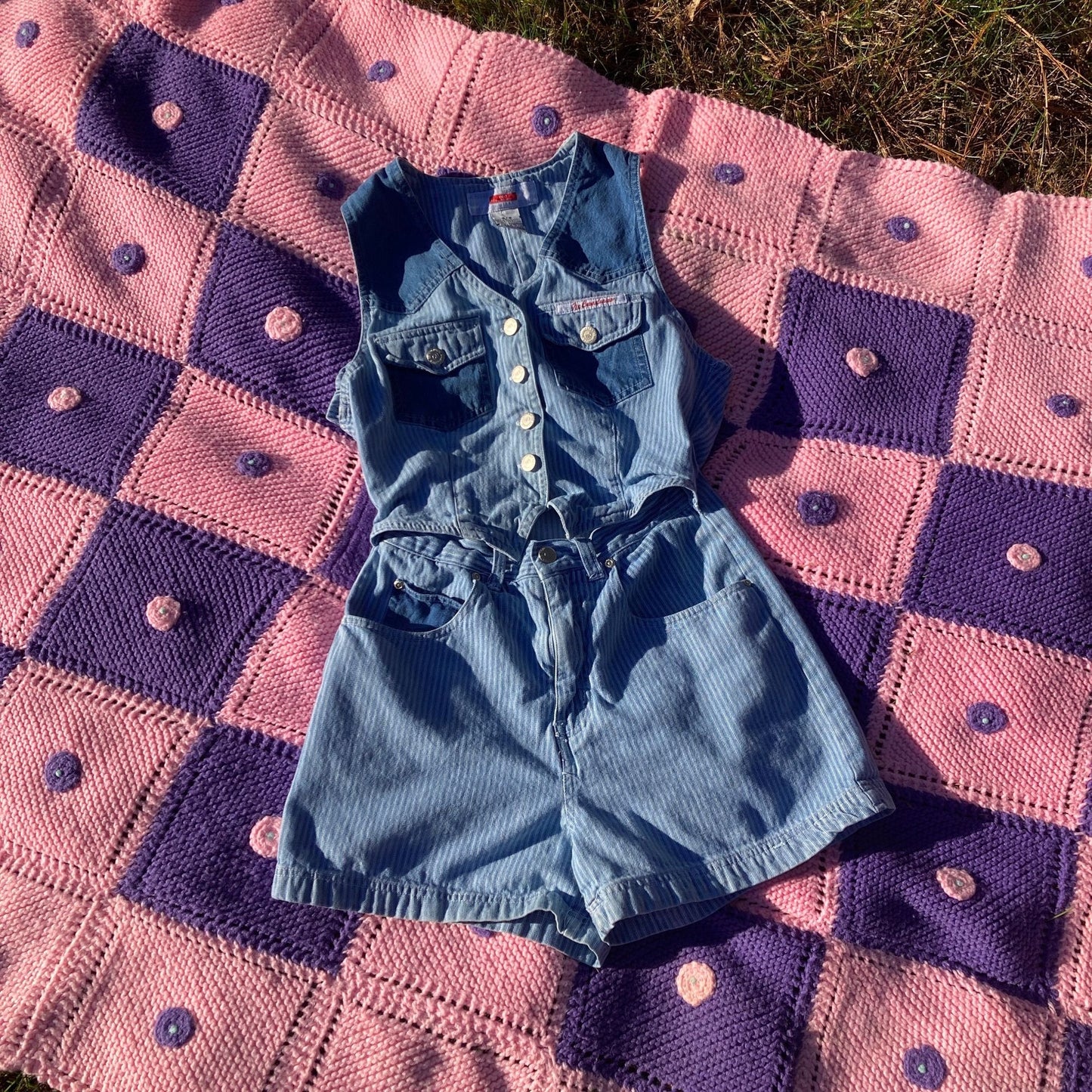 vintage denim jumper romper 90s cotton jean | XS-S | 1990s playsuit