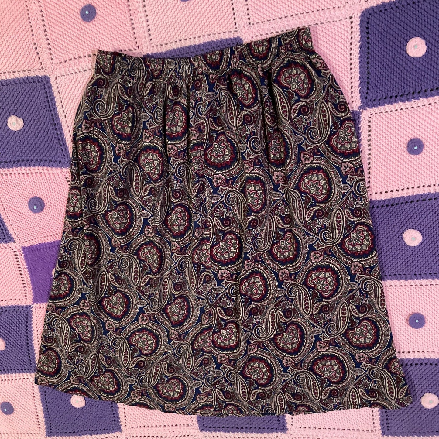 vintage 90s y2k skirt 1990s rayon maroon blue paisley 30-31 in waist