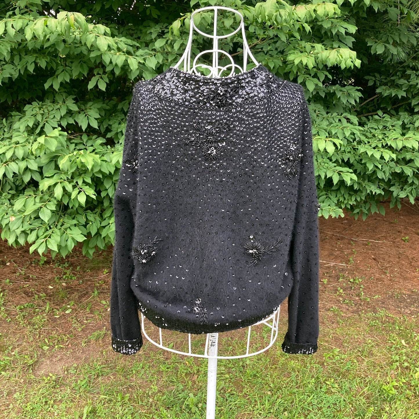 Vintage sweater wool angora black 60s |S-M| elegant sequin beaded cardigan