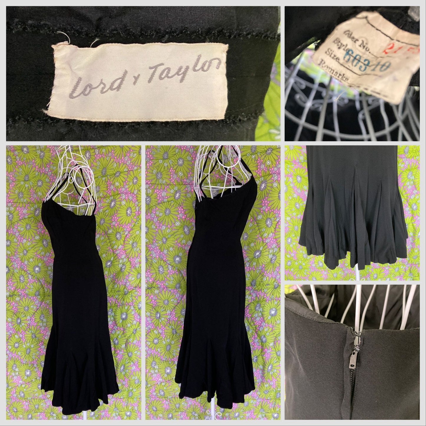 Vintage 40s 50s black dress S-M Lord and Taylor tank trumpet silhouette